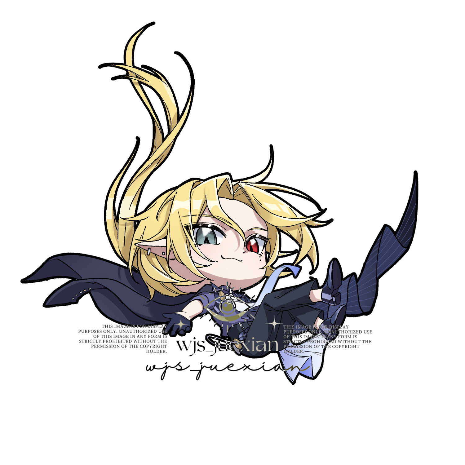 hugo vlad, zenless zone zero, commentary, commission, english commentary, highres, 1boy, :3, arm out of sleeve, artist name, black coat, black gloves, black pants, black shoes, blonde hair, blue necktie, closed mouth, coat, ear piercing, earrings, falling, floating hair, gloves, grey eyes, hair between eyes, half gloves, heterochromia, jewelry, long hair, looking at viewer, male focus, mole, mole under eye, necktie, pants, piercing, pointy ears, purple shirt, red eyes, shirt, shoes, simple background, sleeves rolled up, solo, sparkle, white background, wjs juexian