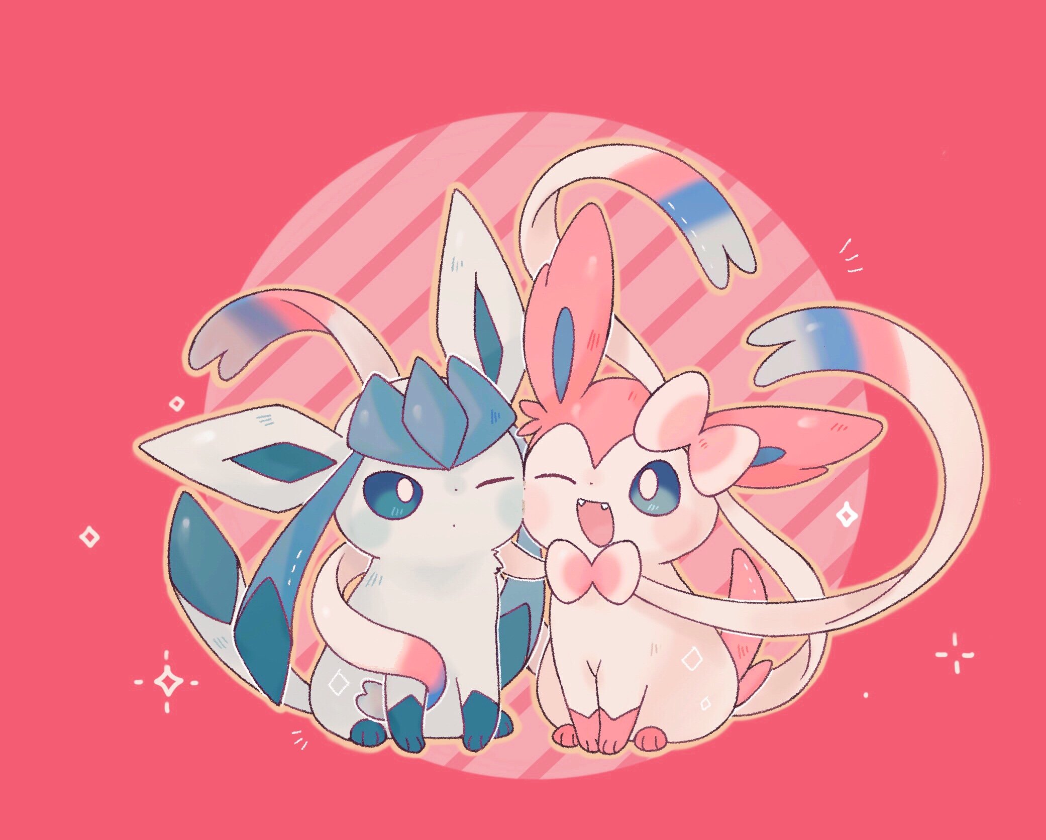 inomo (qimoshu), glaceon, sylveon, nintendo, pokemon, commentary, highres, symbol-only commentary, animal focus, blue eyes, blush, bright pupils, fangs, gen 4 pokemon, gen 6 pokemon, no humans, open mouth, pink background, pokemon (creature), sitting, smile, white pupils