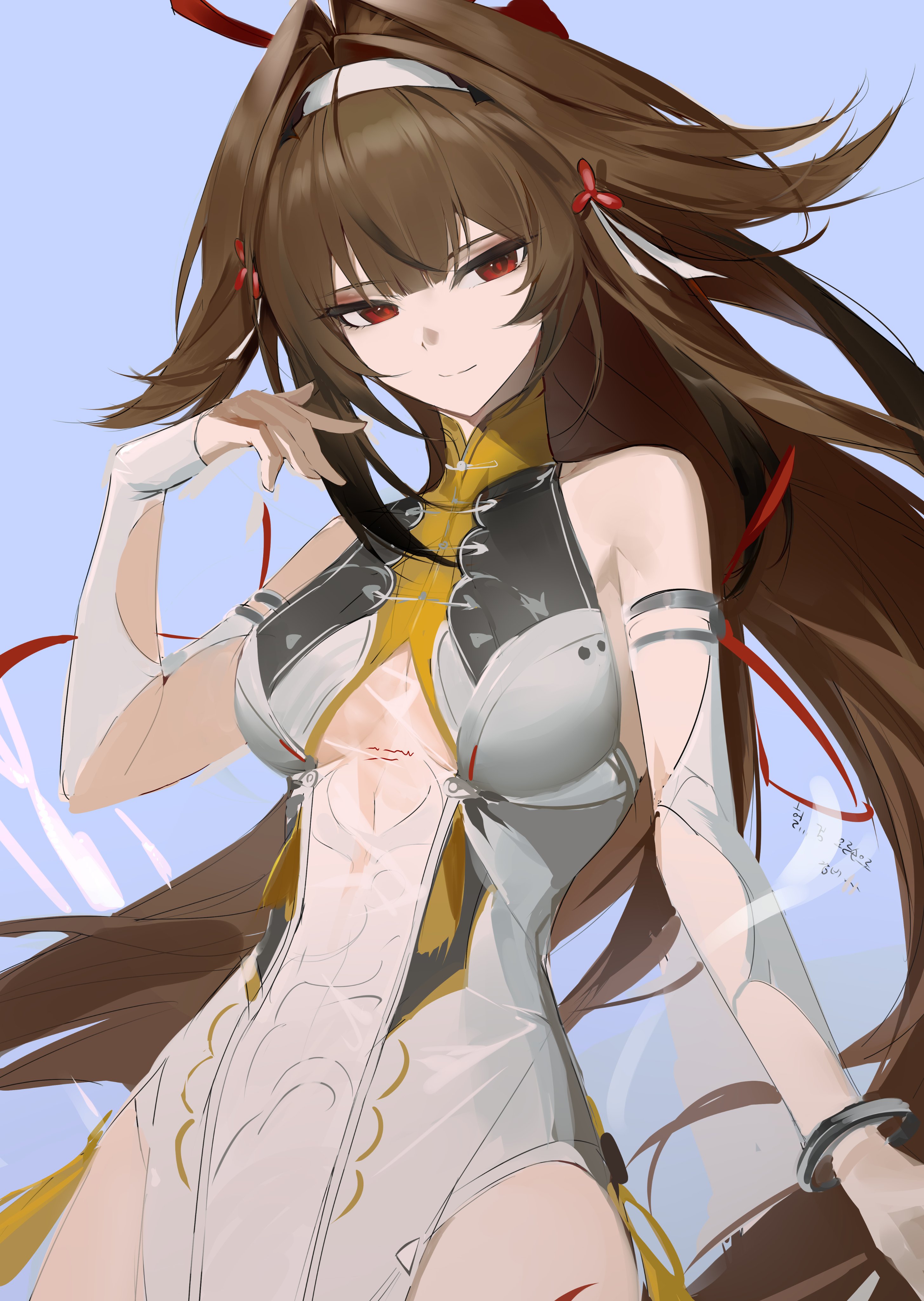 baiser3rd, ye shunguang, zenless zone zero, absurdres, commentary request, highres, korean commentary, 1girl, animal ear fluff, animal ears, arm up, armlet, bare shoulders, blue background, bracelet, breasts, brown hair, china dress, chinese clothes, closed mouth, clover, clover hair ornament, collarbone, dress, droopy ears, hair ornament, hairband, jewelry, light smile, long hair, looking at viewer, medium breasts, metal bracelet, red eyes, silver armlet, silver bracelet, solo, upper body, very long hair, white dress, white hairband