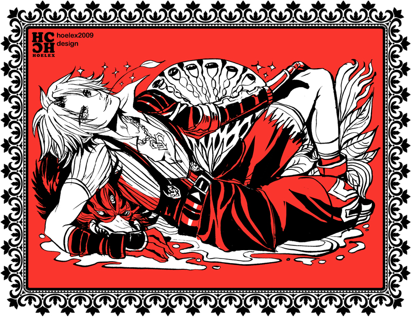 hoelex, tidus, dissidia final fantasy, final fantasy, final fantasy x, 00s, 1boy, gloves, jewelry, leaf, male focus, monochrome, necklace, overalls, red theme, solo, sparkle, water