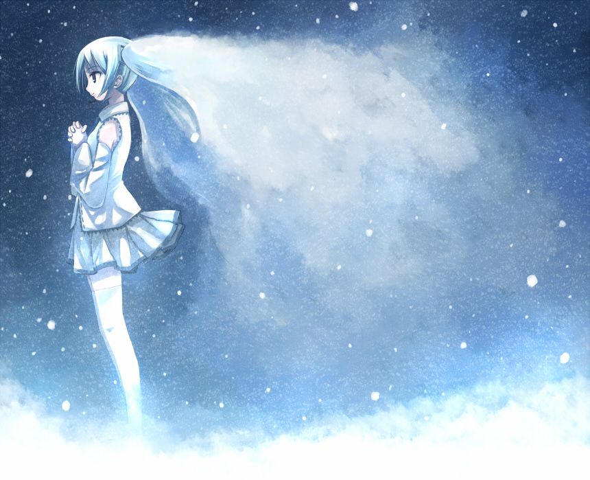 yakka, hatsune miku, yuki miku, vocaloid, bad id, bad pixiv id, 1girl, aqua eyes, aqua hair, detached sleeves, female focus, headset, long hair, necktie, outdoors, own hands clasped, own hands together, skirt, sky, snow, solo, steam, vapor, very long hair