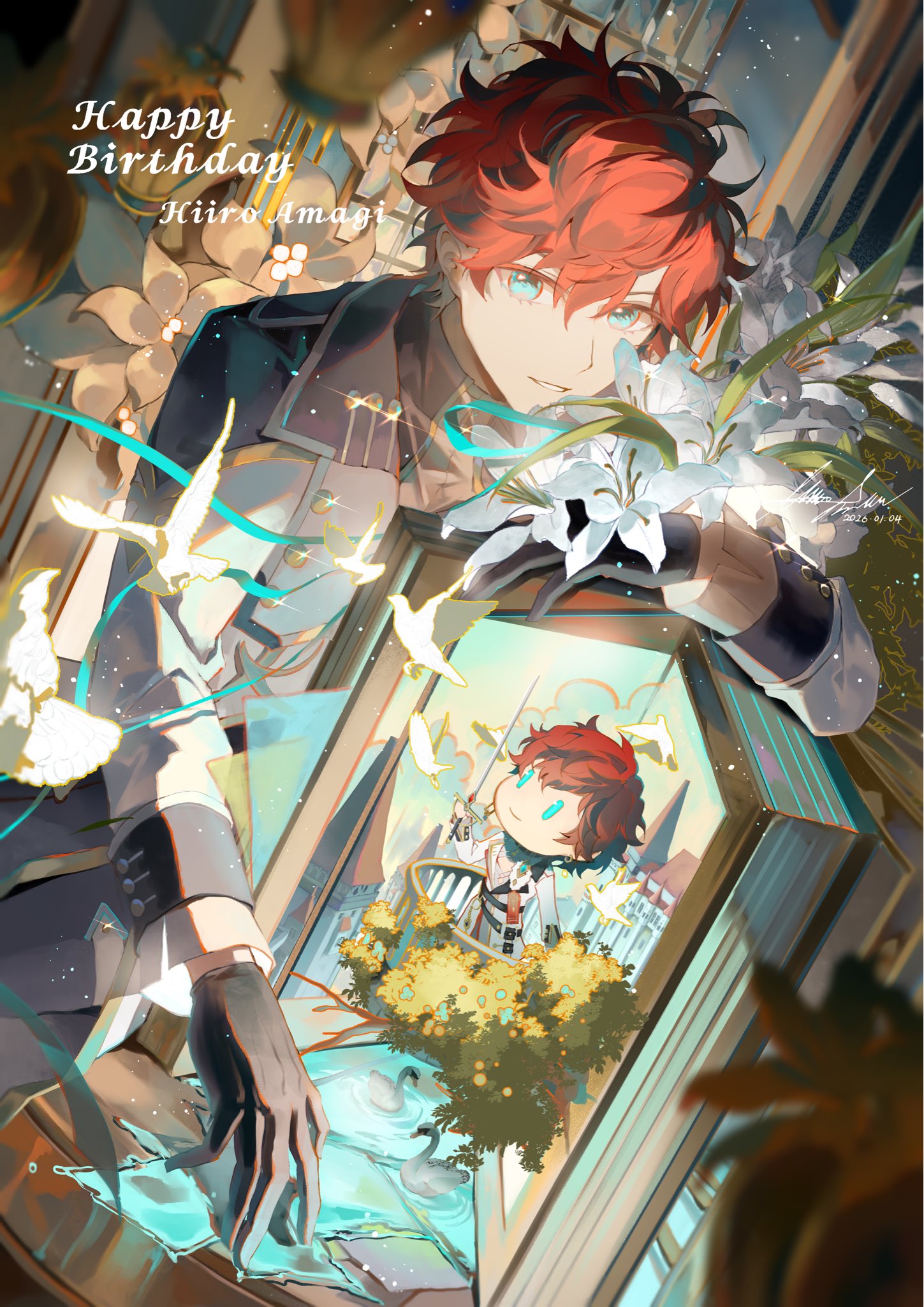 amagi hiiro, ensemble stars!, hashtag-only commentary, highres, 1boy, ||/, ambivalence (ensemble stars!), bird, black gloves, blue eyes, book, character name, clenched teeth, closed mouth, dove, earrings, flower, gloves, hair between eyes, happy birthday, holding, holding sword, holding weapon, jewelry, lake, lily (flower), long sleeves, looking at viewer, male focus, official alternate costume, open book, parted lips, red hair, reku216, short hair, smile, solo, swan, sword, teeth, weapon, white flower, white lily, white lily (ensemble stars!)