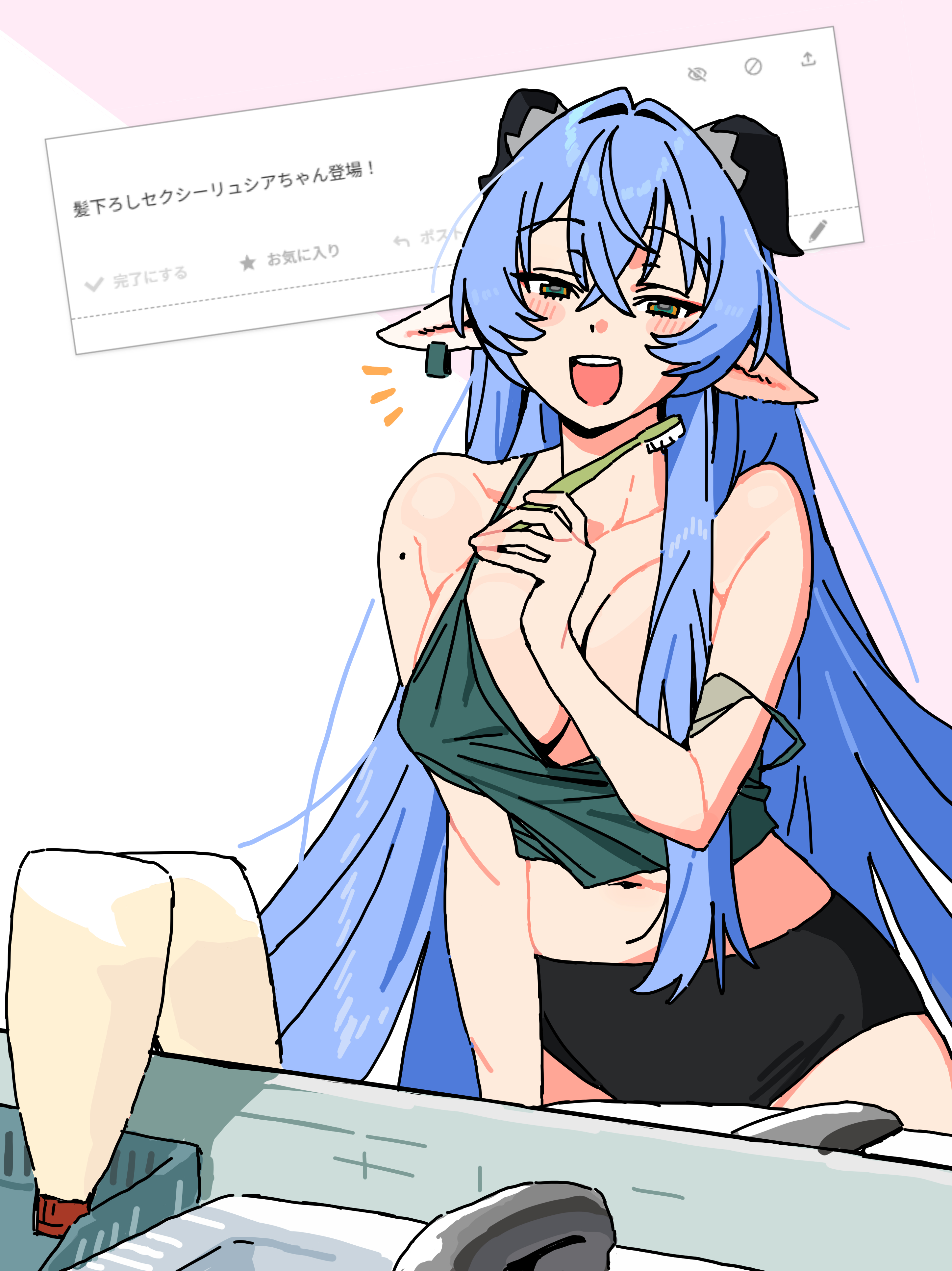 andii (anzai teachco), lucia elowen, zenless zone zero, absurdres, commentary request, highres, 1girl, alternate costume, animal ears, bare shoulders, black horns, black panties, blue hair, bottle, breasts, cleavage, collarbone, convenient hair, crop top, crossed bangs, earrings, goat ears, goat girl, goat horns, green shirt, hair between eyes, hair intakes, holding, holding toothbrush, horns, jewelry, large breasts, long hair, looking at viewer, midriff, mirror, mole, mole on arm, navel, notice lines, panties, pink background, pointy ears, reflection, reflection focus, shirt, sink, solo, toothbrush, two-tone background, underwear, white background