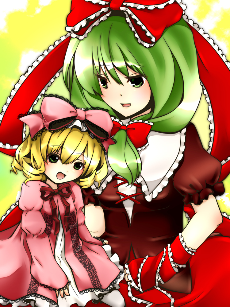akina (artist), akina (schism), hinaichigo, kagiyama hina, rozen maiden, touhou, bad id, bad pixiv id, 00s, 2girls, blonde hair, bow, breasts, crossover, curly hair, dress, front ponytail, green eyes, green hair, hair bow, hair ribbon, multiple girls, name connection, pink bow, ribbon, short hair, small breasts