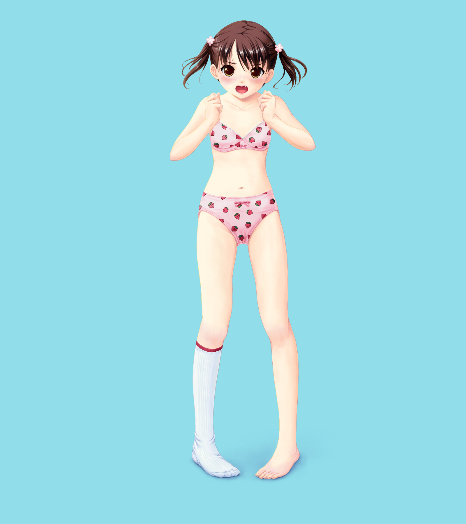 nonohara miki, pxversp, furusawa asumi, musume shimai, highres, 1girl, barefoot, blush, bow, bow bra, bow panties, bra, brown eyes, brown hair, fang, feet, female focus, flat chest, food print, fruit print, hair ornament, kneehighs, lingerie, loli, matching underwear, panties, pink bow, print panties, short twintails, single sock, socks, solo, strawberry bra, strawberry panties, strawberry print, twintails, underwear, underwear only