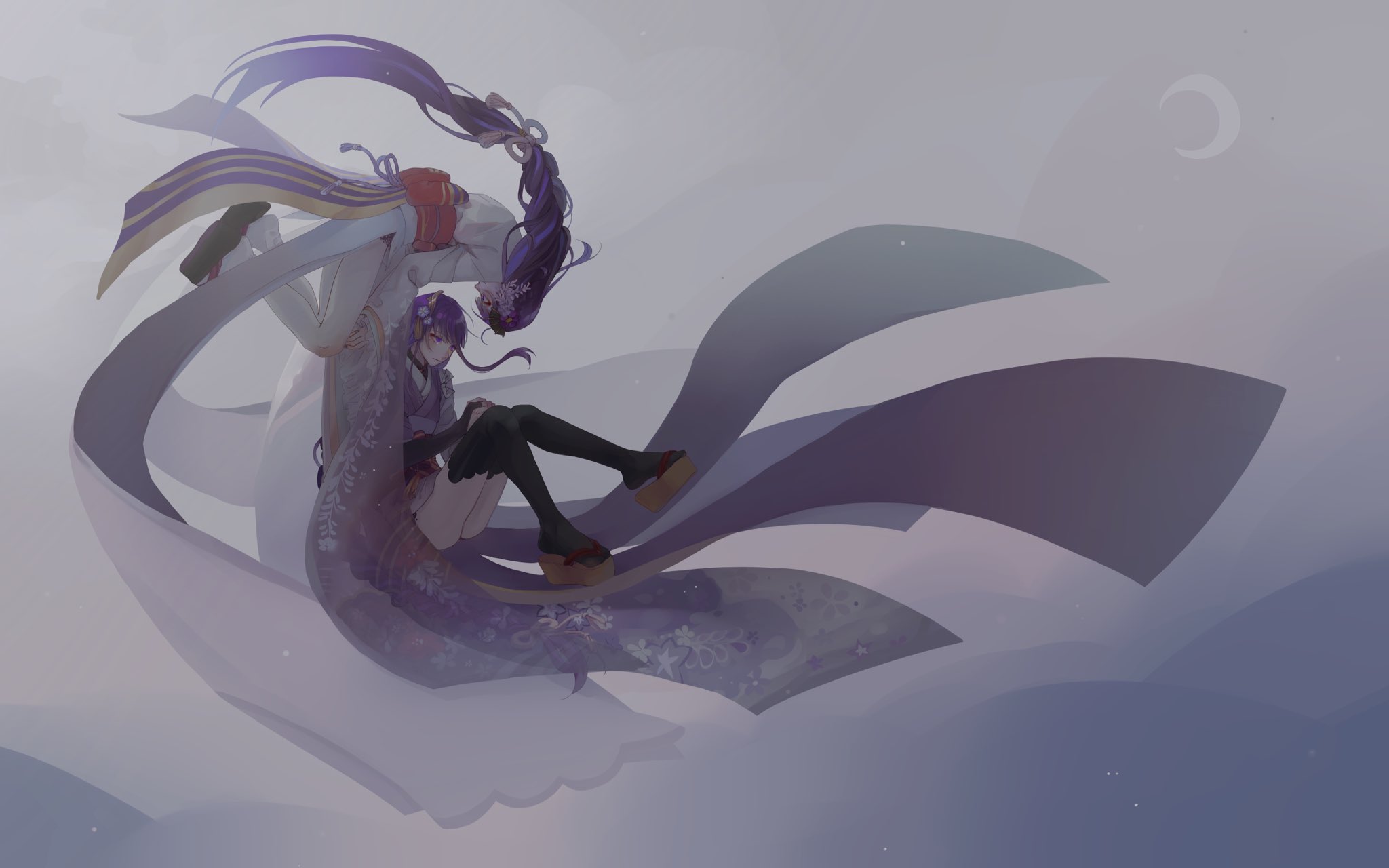 makoto (genshin impact), raiden shogun, genshin impact, hashtag-only commentary, highres, 2girls, black thighhighs, blunt bangs, braid, crescent, crying, crying with eyes open, fan hair ornament, floating, flower, from side, full body, gradient background, grey background, hair ornament, hair ribbon, japanese clothes, kimono, knees up, light blush, long braid, long sleeves, looking at another, mole, mole under eye, moon, multiple girls, purple eyes, purple hair, purple kimono, red sash, ribbon, sash, siblings, single braid, sisters, tearing up, tears, thighhighs, thighs, twins, wide sleeves, wisteria, yiling206