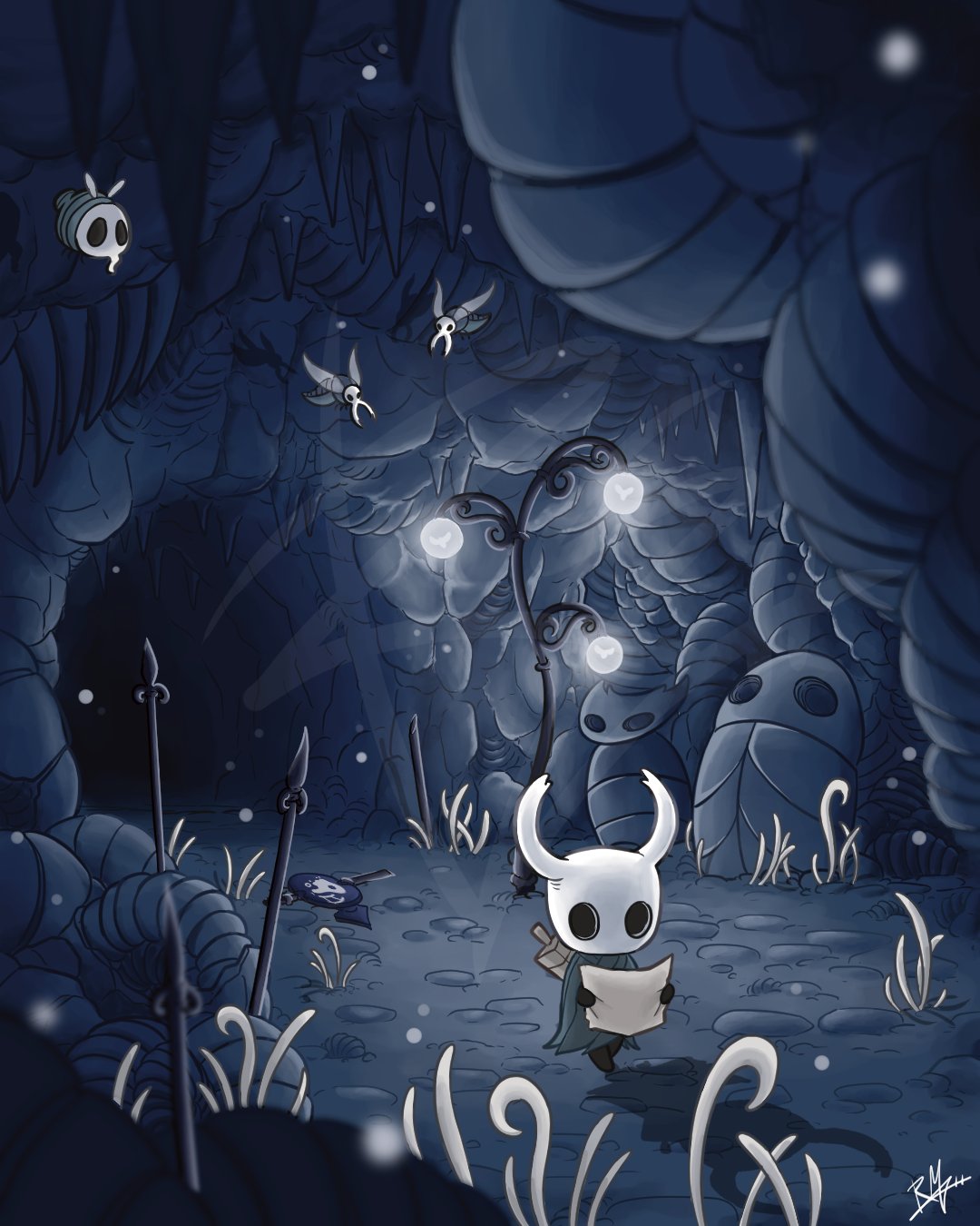 knight (hollow knight), hollow knight, commentary, english commentary, highres, 1other, black skin, cave, cloak, colored skin, flying, full body, grey cloak, hollow eyes, horned mask, horns, looking at map, map, mask, nail (hollow knight), rock, ryuki sensei09, walking, weapon, weapon on back, white mask