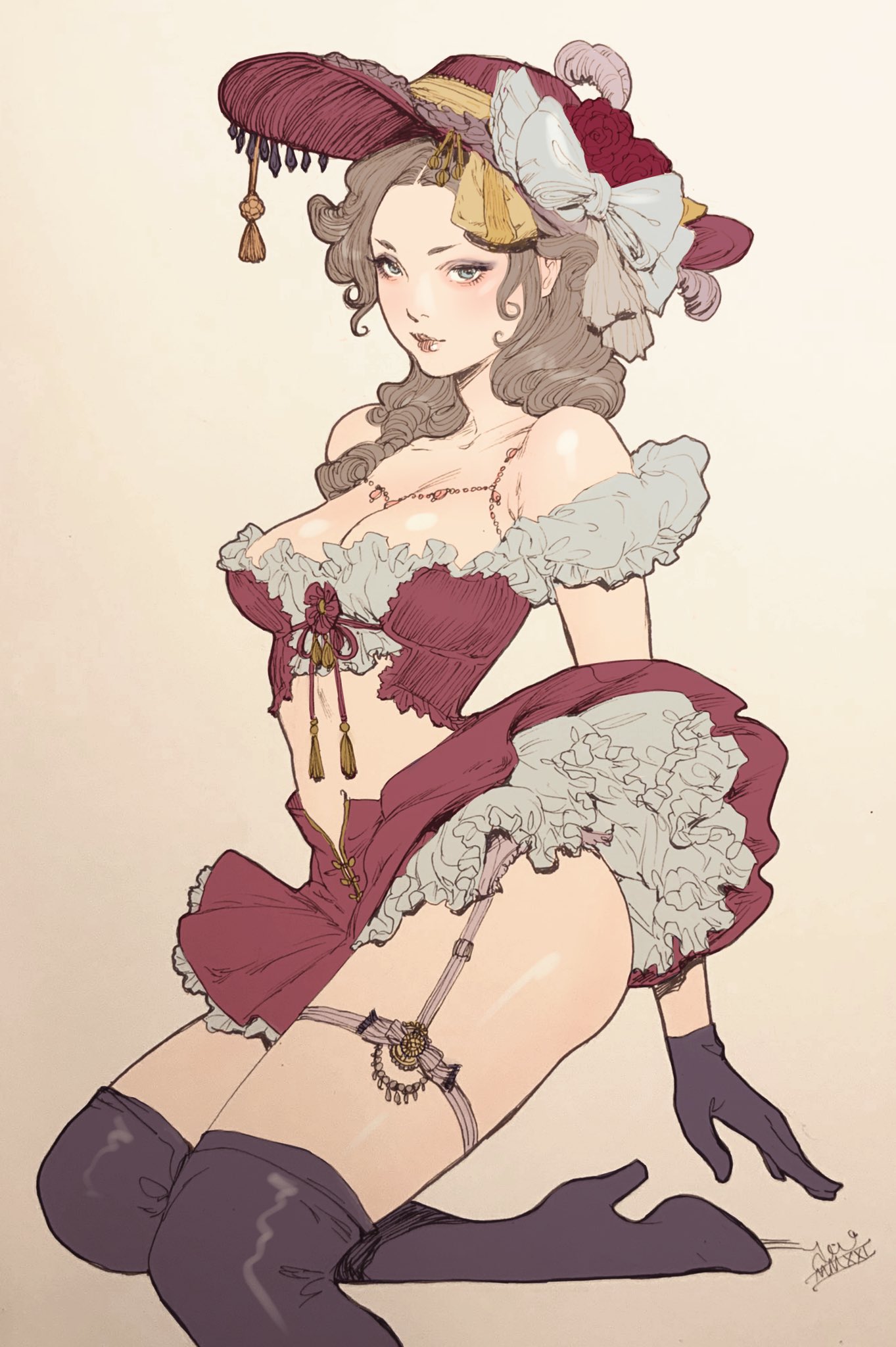 jasmin darnell, original, highres, black gloves, black thighhighs, blue eyes, bow, breasts, brown hair, corset, curly hair, frilled skirt, frills, gloves, hat, high heels, lace trim, large breasts, looking at viewer, low-cut, old-fashioned, sitting, skirt, thigh strap, thighhighs, victorian