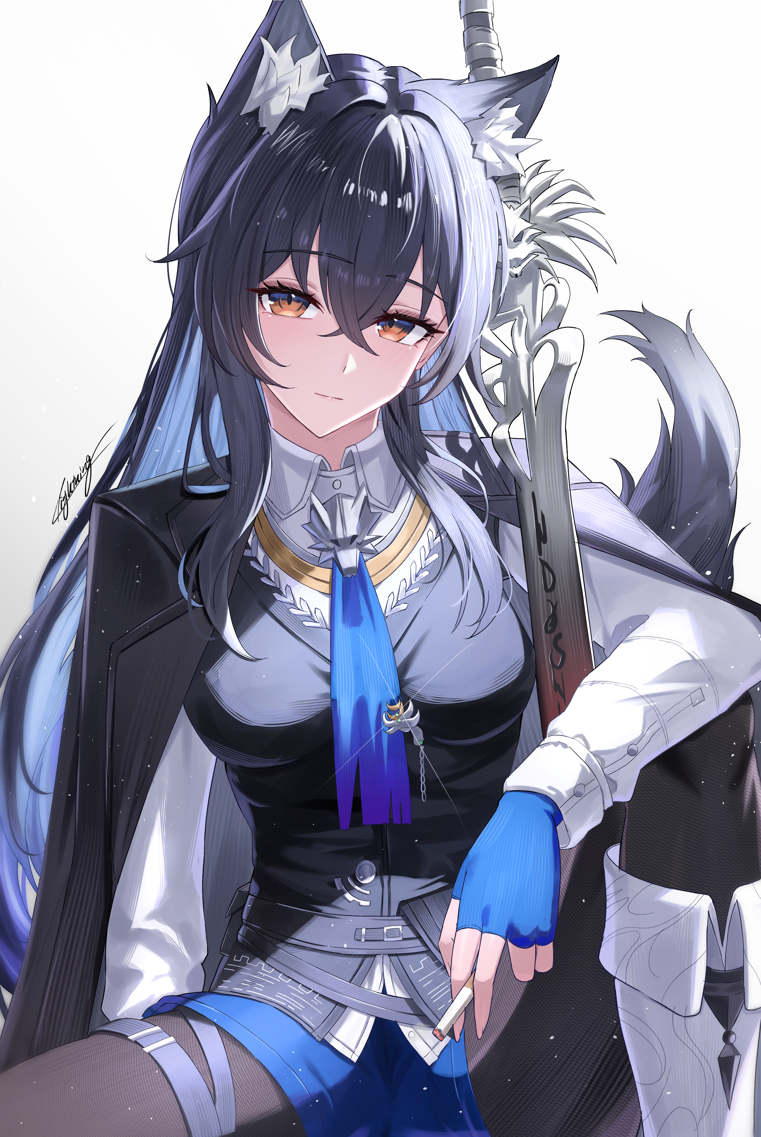 miya-chan (lightning0730), texas (arknights), arknights, absurdres, commentary request, highres, 1girl, animal ear fluff, animal ears, artist name, ascot, black hair, black pantyhose, blue ascot, blue gloves, boots, breasts, cigarette, closed mouth, crossed bangs, fingerless gloves, gloves, gradient background, grey background, hair between eyes, holding, holding cigarette, long hair, long sleeves, looking at viewer, medium breasts, pantyhose, sitting, solo, sword, weapon, white boots