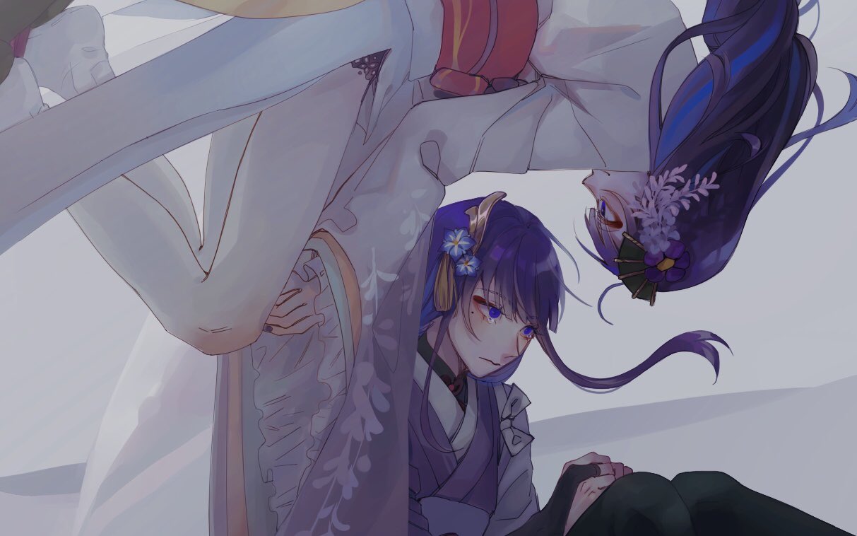makoto (genshin impact), raiden shogun, genshin impact, hashtag-only commentary, 2girls, black thighhighs, blunt bangs, bridal gauntlets, close-up, closed mouth, crying, crying with eyes open, fan hair ornament, floating, flower, from side, grey background, hair ornament, japanese clothes, kimono, knees up, light smile, lingerie, long hair, long sleeves, looking at another, multicolored hair, multiple girls, purple eyes, purple hair, purple kimono, red sash, sad, sash, siblings, sisters, streaked hair, tearing up, tears, thighhighs, twins, underwear, upper body, wide sleeves, wisteria, yiling206