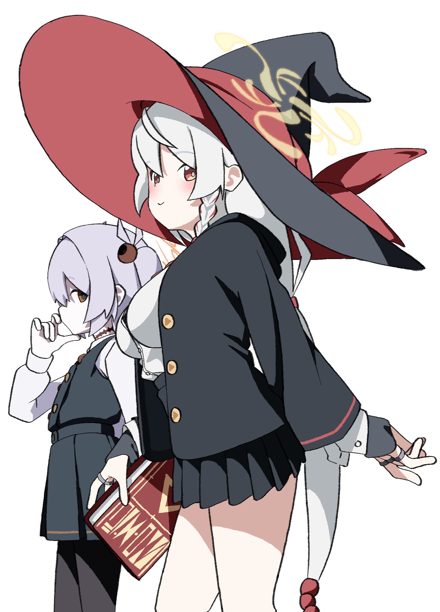 eri (blue archive), kanoe (blue archive), blue archive, highres, 2girls, black hat, black jacket, black pantyhose, black skirt, book, breasts, closed mouth, dress, from side, grey hair, halo, hat, holding, holding book, jacket, large breasts, long hair, long sleeves, looking at viewer, looking to the side, miyamura (mymr06), multiple girls, orange halo, pantyhose, pinafore dress, pleated skirt, shirt, simple background, skirt, sleeveless, sleeveless dress, smile, white background, white hair, white shirt, witch hat, yellow halo