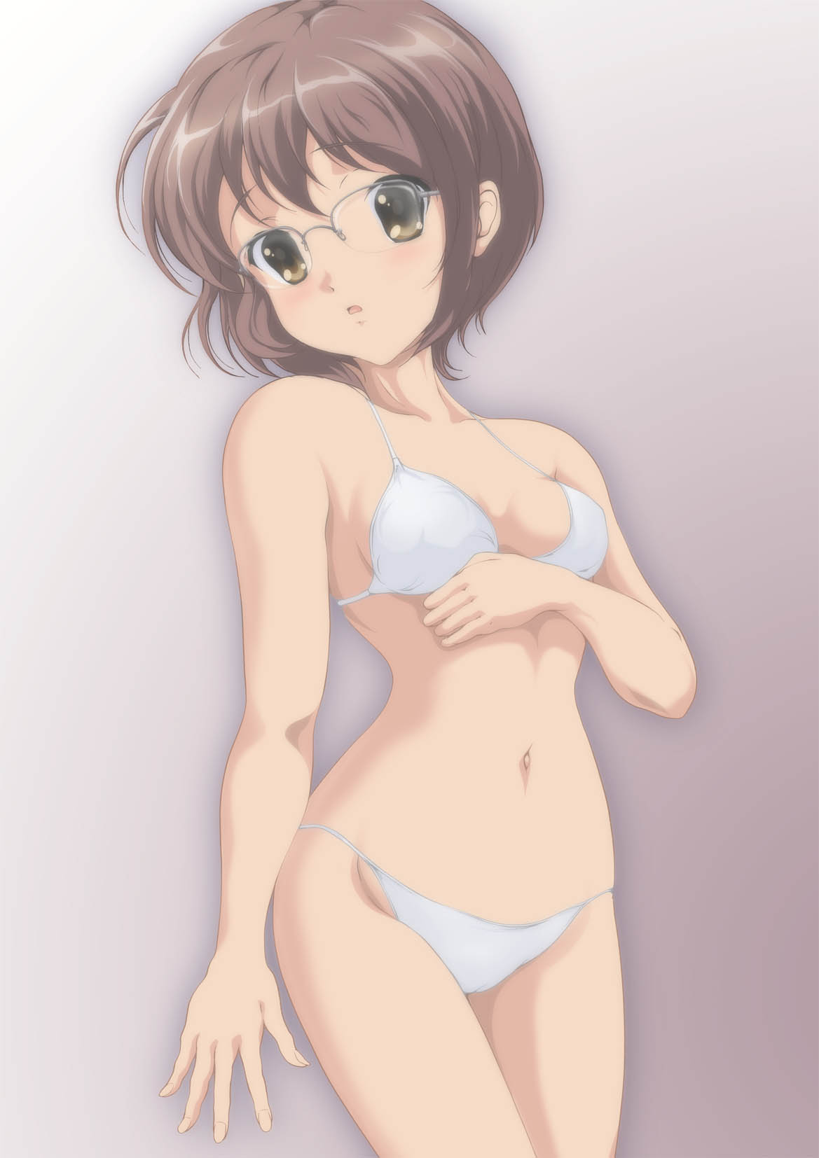 nanashi noiji, nagato yuki, suzumiya haruhi no yuuutsu, highres, jpeg artifacts, 1girl, bikini, brown eyes, brown hair, female focus, glasses, short hair, solo, swimsuit