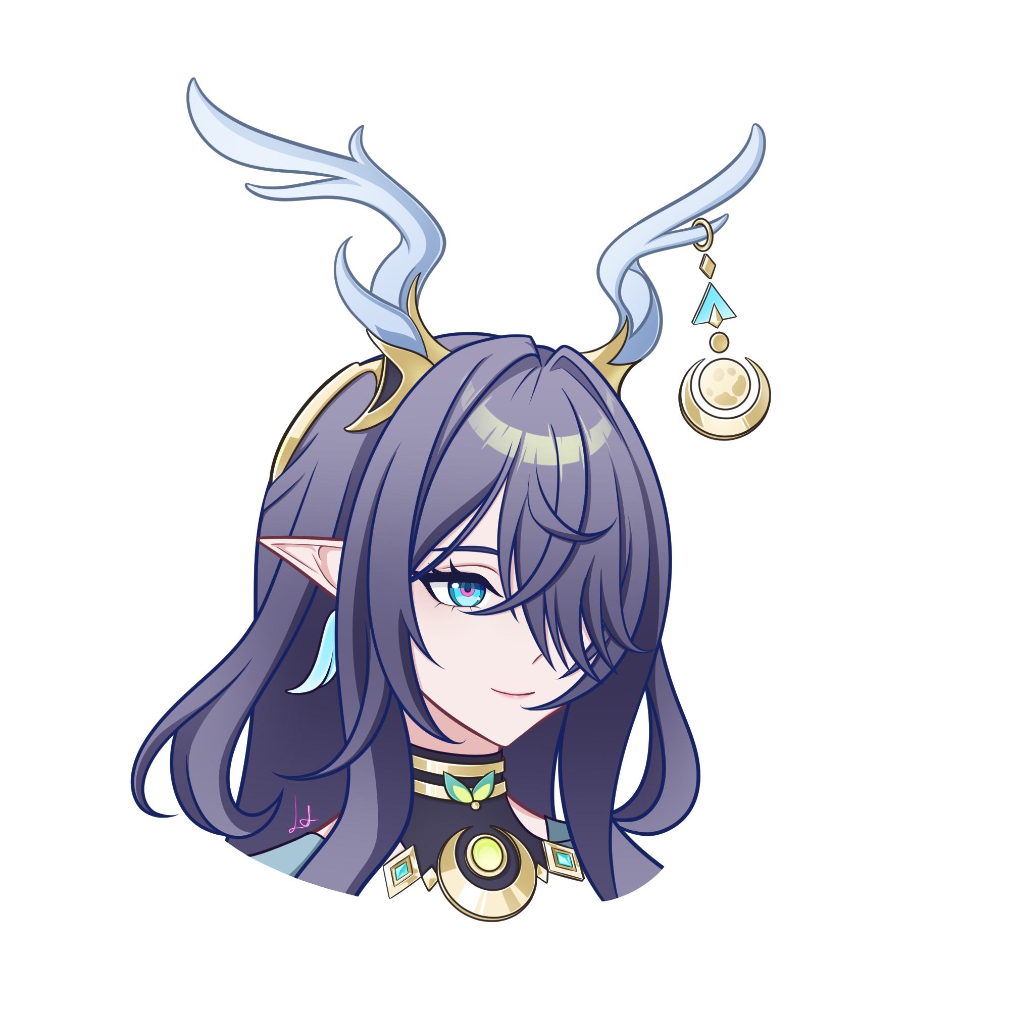 lauma (genshin impact), genshin impact, commentary, highres, 1girl, antlers, blue eyes, grey hair, hair intakes, hair over one eye, horns, lissalancerline, long hair, simple background, smile, solo, white background