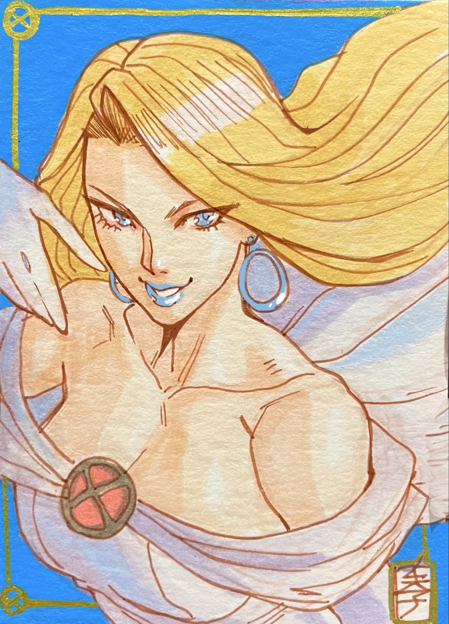 acecore2k, emma frost, marvel, x-men, commentary, english commentary, graphite (medium), highres, traditional media, artist logo, asymmetrical bangs, bare shoulders, blonde hair, blue eyes, blue lips, breasts, cape, cleavage, collarbone, ear piercing, earrings, facing to the side, gloves, hair flowing over, jewelry, light smile, lipstick, logo, long hair, looking at viewer, makeup, olo (color), piercing, simple background, toned, white gloves