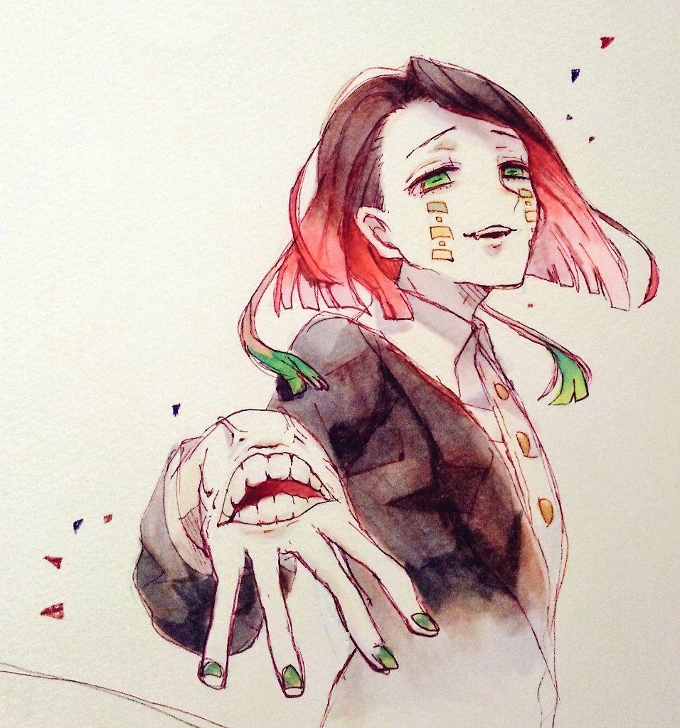 kanna nijiniji, enmu (kimetsu no yaiba), kimetsu no yaiba, commentary request, traditional media, 1boy, asymmetrical bangs, black hair, black jacket, buttons, colored inner hair, colored tips, demon boy, facial mark, fang, floating hair, from side, green eyes, green nails, grey background, half-closed eyes, incoming attack, jacket, long sleeves, looking at viewer, male focus, medium hair, misplaced mouth, multicolored hair, open mouth, outstretched arm, reaching, reaching towards viewer, smile, solo, suit jacket, symbol-shaped pupils, tears facial mark, teeth, trap, undershirt, upper body, upper teeth only, veins, veiny hands