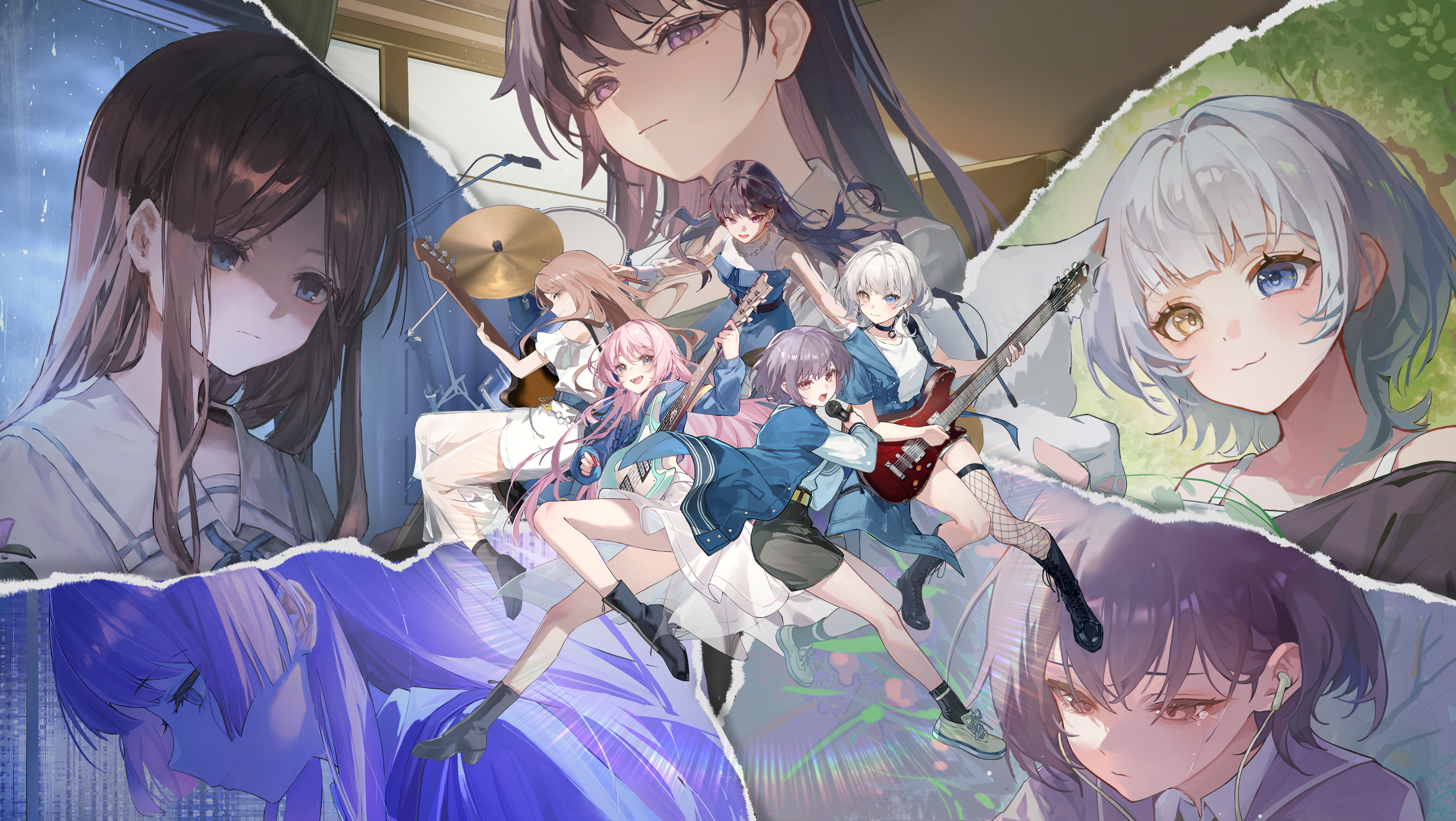 berserker r, catzz, jiu ye sang, maoerduo meow, qian qian qian, qys3, sanyue xun, tatatsu, umie (iowae), wako (1194433260), yaungpeng, chihaya anon, kaname raana, nagasaki soyo, shiina taki, takamatsu tomori, bang dream!, bang dream! it's mygo!!!!!, absurdres, art relay, artist collaboration, chinese commentary, commentary request, highres, making-of available, 5girls, bass guitar, black boots, black socks, boots, brown hair, cat, choker, closed mouth, column lineup, drum, drum set, drumsticks, electric guitar, fishnet thighhighs, fishnets, grey eyes, grey hair, guitar, heterochromia, holding, holding drumsticks, holding guitar, holding instrument, holding microphone, instrument, jewelry, lens flare, microphone, mole, mole under eye, multiple girls, multiple views, music, mygo!!!!! (bang dream!), necklace, pink hair, purple eyes, purple hair, shoes, singing, single thighhigh, sneakers, socks, thighhighs, white hair