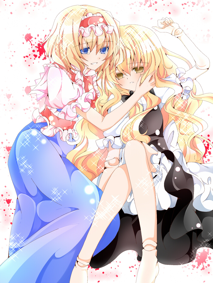 nanase nao, alice margatroid, kirisame marisa, touhou, bad id, bad pixiv id, 2girls, barefoot, blonde hair, bloomers, blue eyes, bow, character doll, doll, doll joints, empty eyes, female focus, glitter, hair bow, hairband, joints, long hair, multiple girls, short hair, tears, underwear, wavy hair, when you see it, yellow eyes