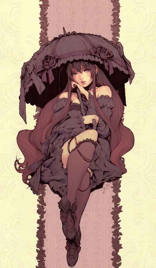 jasmin darnell, original, 1girl, bare shoulders, black eyes, bow, bow flower, breasts, curled up, curly ends, dress, flower, frilled dress, frilled skirt, frilled sleeves, frills, gothic lolita, holding, holding umbrella, kneehighs, lace trim, leg up, lolita fashion, long hair, looking at viewer, low-cut, medium breasts, old-fashioned, puffy sleeves, purple dress, purple hair, red hair, ribbon, rose, simple background, skirt, socks, solo, umbrella, uneven bangs, very long hair, victorian