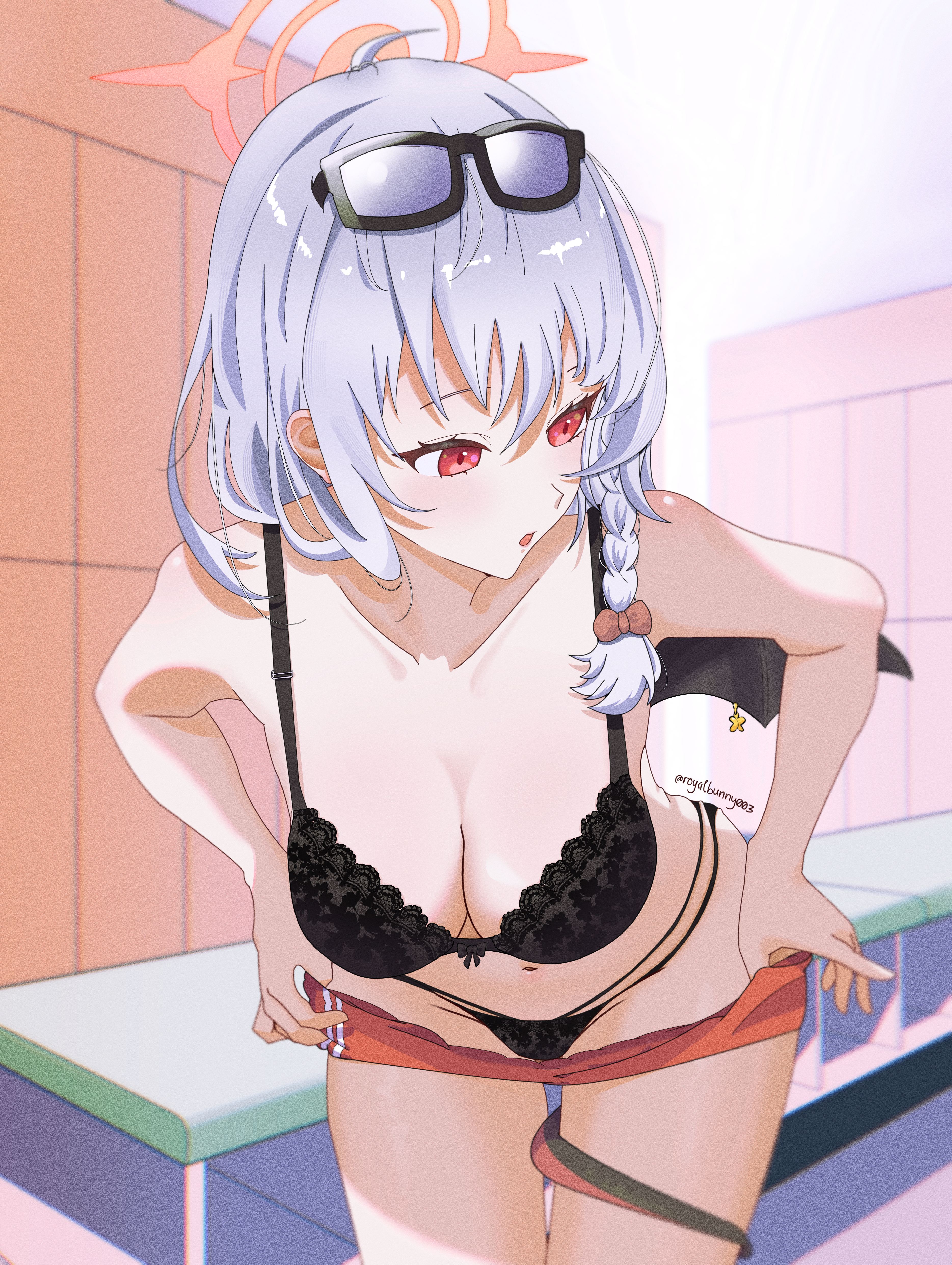 royalbunny003, haruna (blue archive), haruna (track) (blue archive), blue archive, absurdres, commentary request, highres, 1girl, artist name, black bra, bra, eyewear on head, hair ribbon, halo, looking to the side, panties, red eyes, red halo, ribbon, single wing, sunglasses, track suit, underwear, white hair, wings