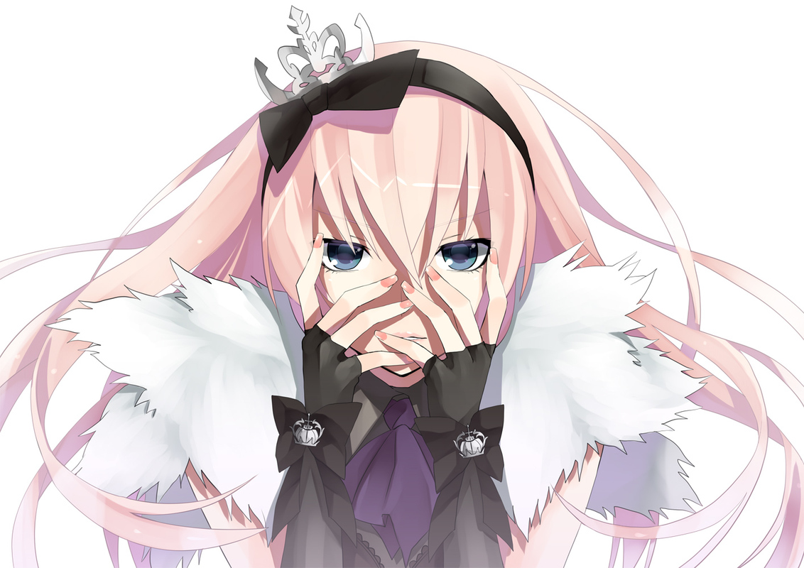 hijiki (hijikini), hijikini, megurine luka, 2 sing 4 u (vocaloid), vocaloid, bad id, bad pixiv id, 1girl, blue eyes, bow, female focus, fingerless gloves, gloves, hair bow, hair ornament, hair ribbon, long hair, pink hair, portrait, ribbon, simple background, solo