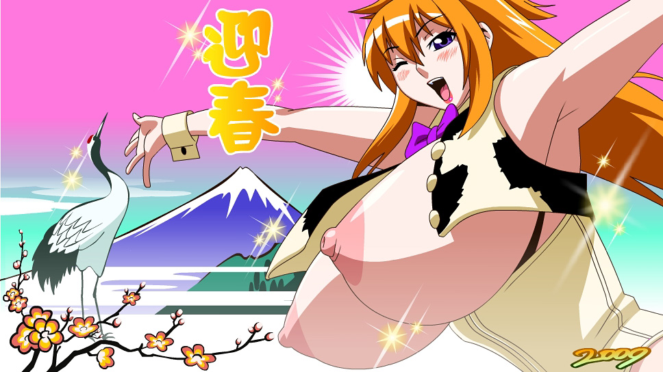 jyubei, tachibana mizuki, choujuushin gravion, diva mizuki, 00s, 1girl, animal print, arms up, bird, blush, bow, breasts, breasts out, cow print, crane (animal), dated, female focus, flower, huge breasts, large breasts, lips, long hair, mount fuji, mountain, nipples, o/, one eye closed, open mouth, orange hair, outstretched arms, purple eyes, red-crowned crane, solo, upper body