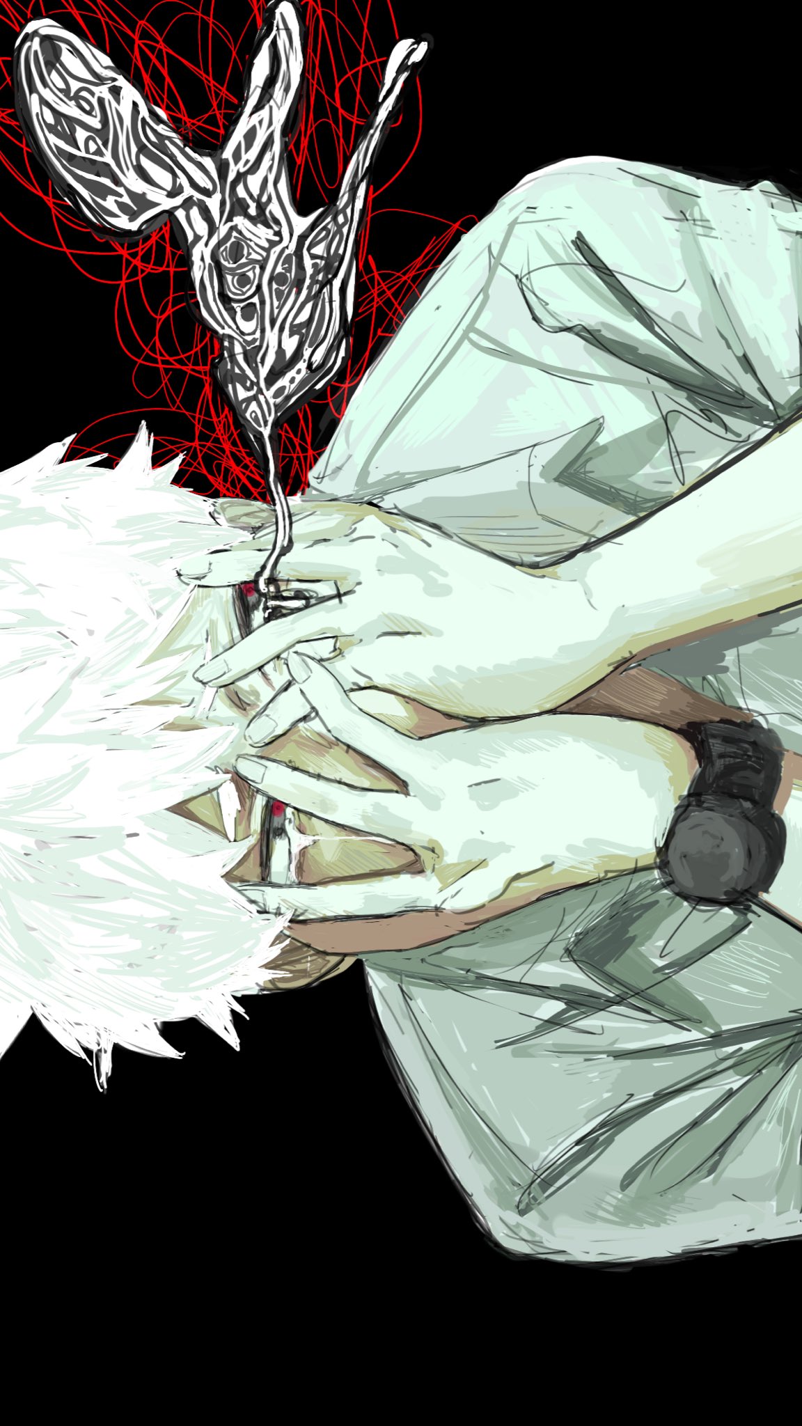 indou hikaru, hikaru ga shinda natsu, hashtag-only commentary, highres, 1boy, black background, collared shirt, crying, hands on own face, idoo, male focus, red pupils, shirt, short hair, sideways, simple background, solo, tears, watch, white hair, white shirt, wristwatch