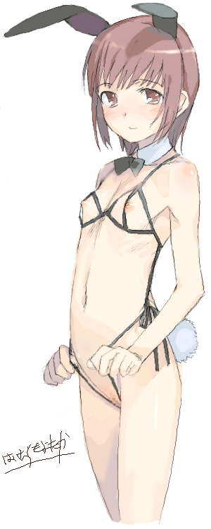 haimura kiyotaka, character request, copyright request, non-web source, source request, 1girl, animal ears, bra, breastless clothes, breasts, brown eyes, brown hair, censored, crotchless, crotchless panties, cupless bra, female focus, flat chest, imageboard desourced, lingerie, loli, nippleless clothes, panties, rabbit ears, rabbit girl, rabbit tail, short hair, solo, tail, underwear, underwear only
