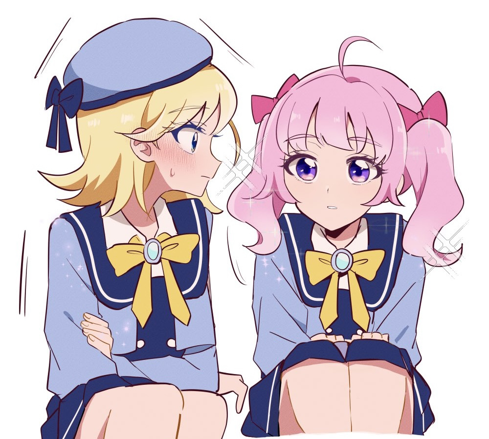warashi67, aozora himari, hoshikawa mitsuki, himitsu no aipri, pretty series, commentary request, 2girls, ahoge, blonde hair, blue eyes, blue hat, blue sailor collar, blue skirt, blush, bow, hair bow, hat, legs together, long hair, long sleeves, looking at another, medium hair, motion lines, multiple girls, paradise private academy school uniform, parted bangs, pink bow, pink hair, pleated skirt, purple eyes, sailor collar, school uniform, simple background, skirt, sparkle, squatting, sweatdrop, twintails, wavy hair, white background, yellow bow