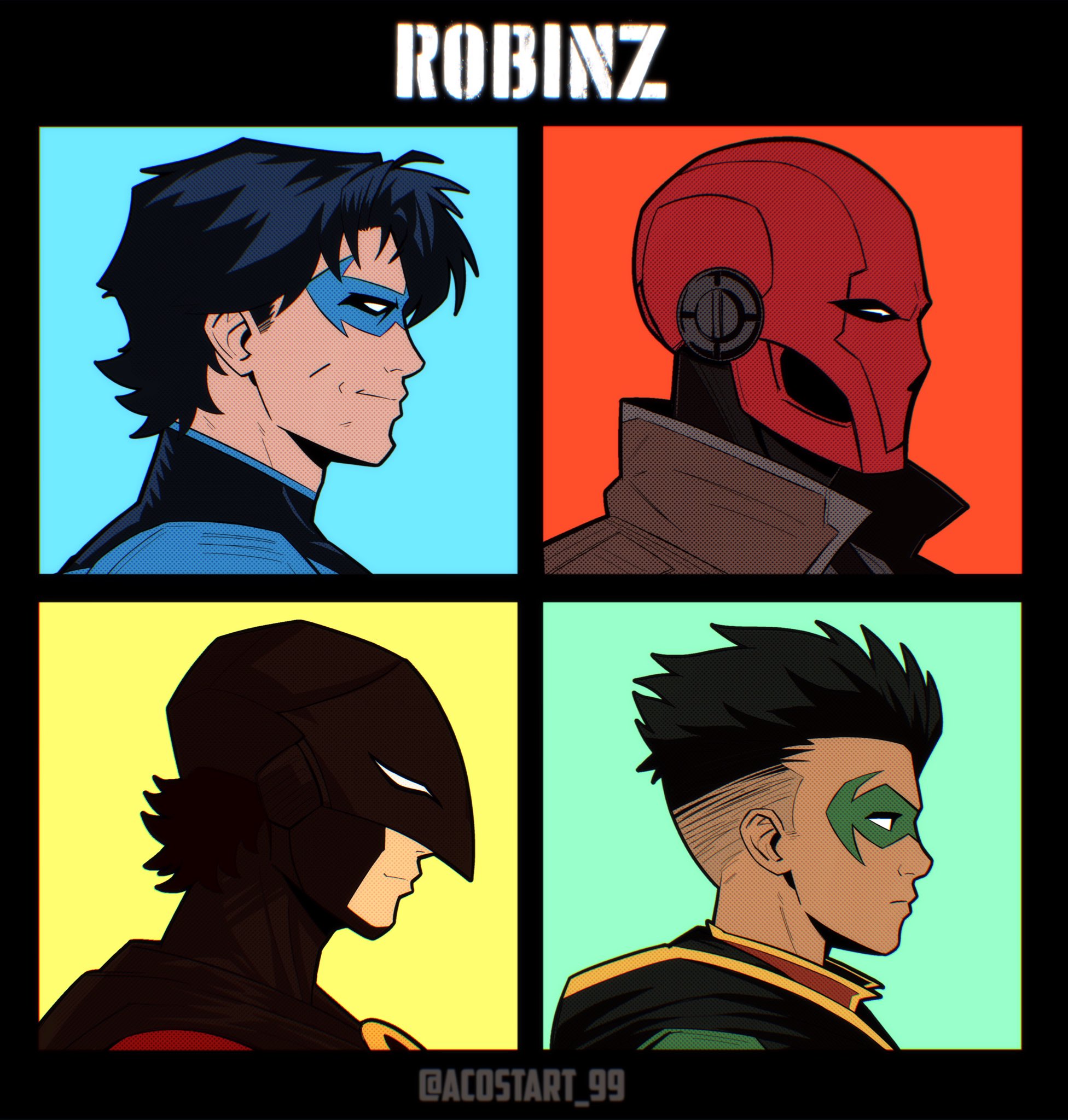 kristian acosta, damian wayne, dick grayson, jason todd, nightwing, red hood (dc), red robin, robin (dc), tim drake, batman (series), dc comics, commentary, english commentary, highres, black hair, bodysuit, brothers, brown jacket, cowl, domino mask, eye mask, helmet, jacket, male focus, mask, multicolored bodysuit, multiple boys, muscular, open clothes, open jacket, red mask, short hair, siblings, simple background, smile, superhero costume, taut bodysuit, two-tone bodysuit, western comics (style)