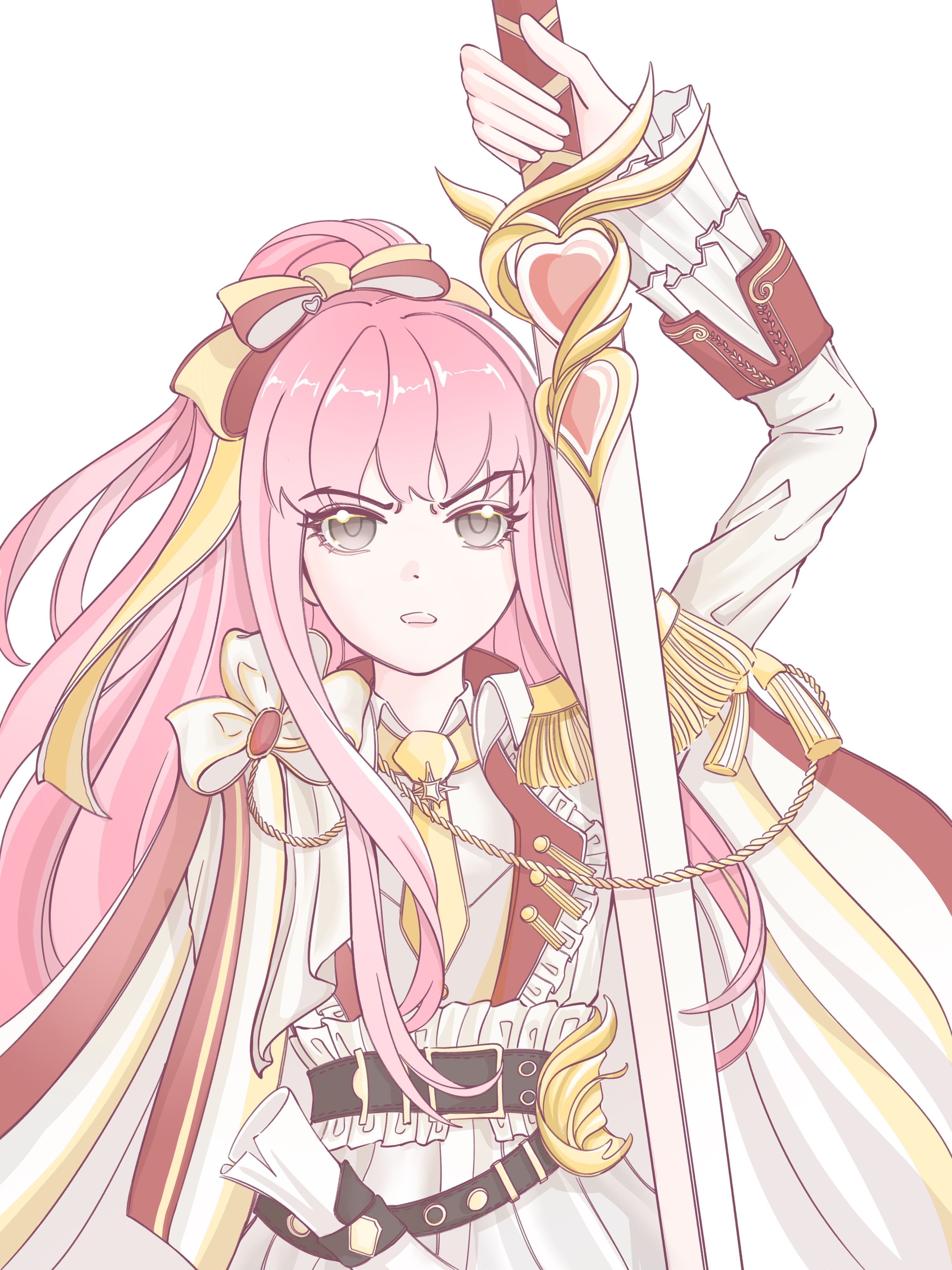 chunpiao, light chaser (miracle nikki), nikki (nikki), miracle nikki, nikki (series), absurdres, chinese commentary, commentary request, highres, 1girl, belt, belt buckle, black belt, blazer, bow, brown eyes, buckle, cape, collared jacket, collared shirt, contrast lapels, cowboy shot, determined, dot nose, epaulettes, eyelashes, frilled jacket, frilled sleeves, frills, frown, furrowed brow, hair bow, high ponytail, holding, holding sword, holding weapon, jacket, lapels, layered sleeves, long hair, long sidelocks, long sleeves, military uniform, notched lapels, open clothes, open jacket, open mouth, pink hair, pleated skirt, ponytail, red bow, red cape, scroll, shirt, sidelocks, simple background, single epaulette, skirt, sleeve cuffs, solo, standing, sword, two-sided cape, two-sided fabric, two-tone bow, very long hair, weapon, white background, white cape, white jacket, white shirt, white skirt, yellow bow