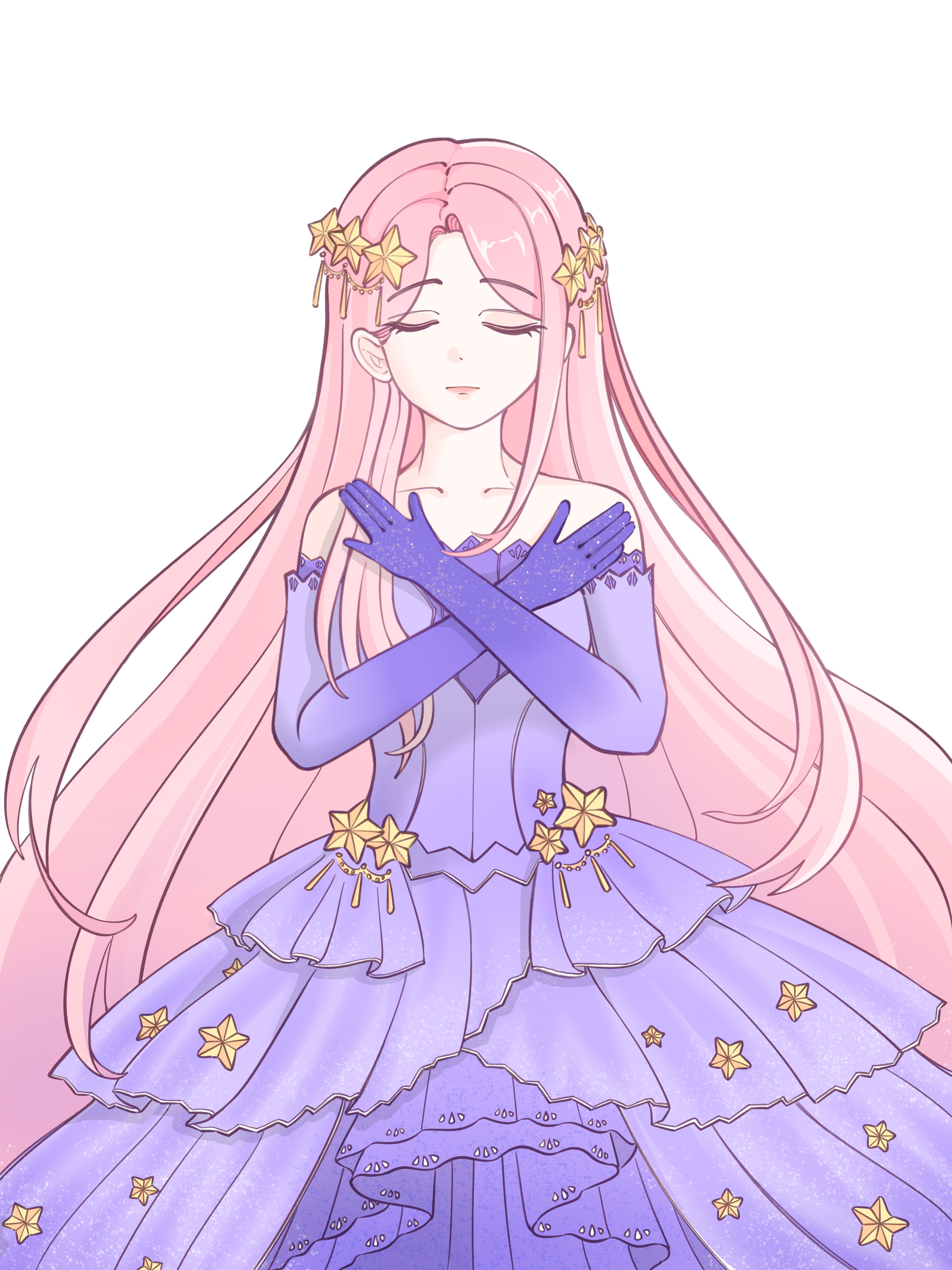 chunpiao, nikki (nikki), star sea (nikki), nikki (series), absurdres, chinese commentary, commentary request, highres, 1girl, bare shoulders, closed eyes, closed mouth, collarbone, cowboy shot, crossed arms, dot nose, dress, elbow gloves, expressionless, eyelashes, frilled gloves, frills, gloves, hair ornament, lipstick, long hair, long sidelocks, makeup, pink hair, pink lips, print dress, purple dress, purple gloves, sidelocks, simple background, solo, star (symbol), star hair ornament, star print, strapless, strapless dress, very long hair, white background