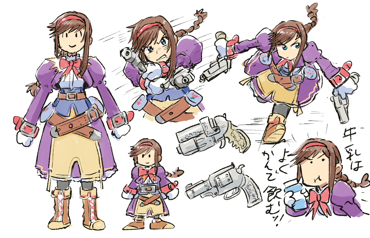 tsubobot, virginia maxwell, wild arms, wild arms 3, belt, black pantyhose, blue eyes, boots, bow, braid, brown belt, brown boots, brown hair, dress, dual wielding, gloves, gun, hairband, handgun, holding, holding gun, holding weapon, juliet sleeves, long hair, long sleeves, multiple girls, pantyhose, puffy sleeves, purple dress, red bow, red hairband, sidelocks, smile, weapon, white background, white gloves