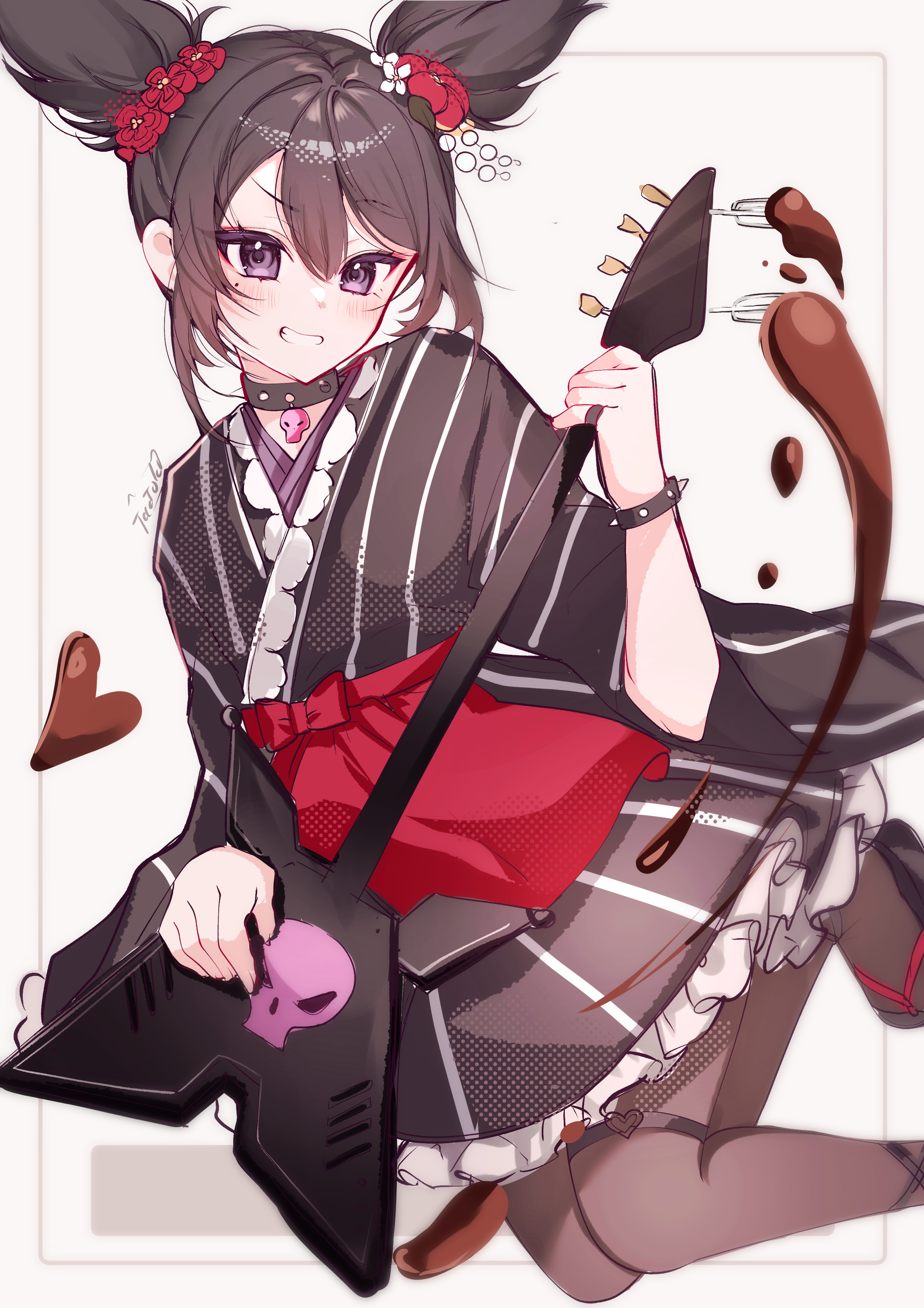 tactoki, kuromi, kurumi nui, onegai my melody, sanrio, absurdres, commentary, highres, 1girl, alternate costume, black choker, black hair, black kimono, black pantyhose, blush, border, chocolate, choker, flower, grin, guitar, hair between eyes, hair flower, hair ornament, holding, holding guitar, holding instrument, humanization, instrument, japanese clothes, jumping, kimono, my melody (series), pantyhose, purple eyes, red flower, sandals, short twintails, sidelocks, skull, smile, solo, twintails, white background