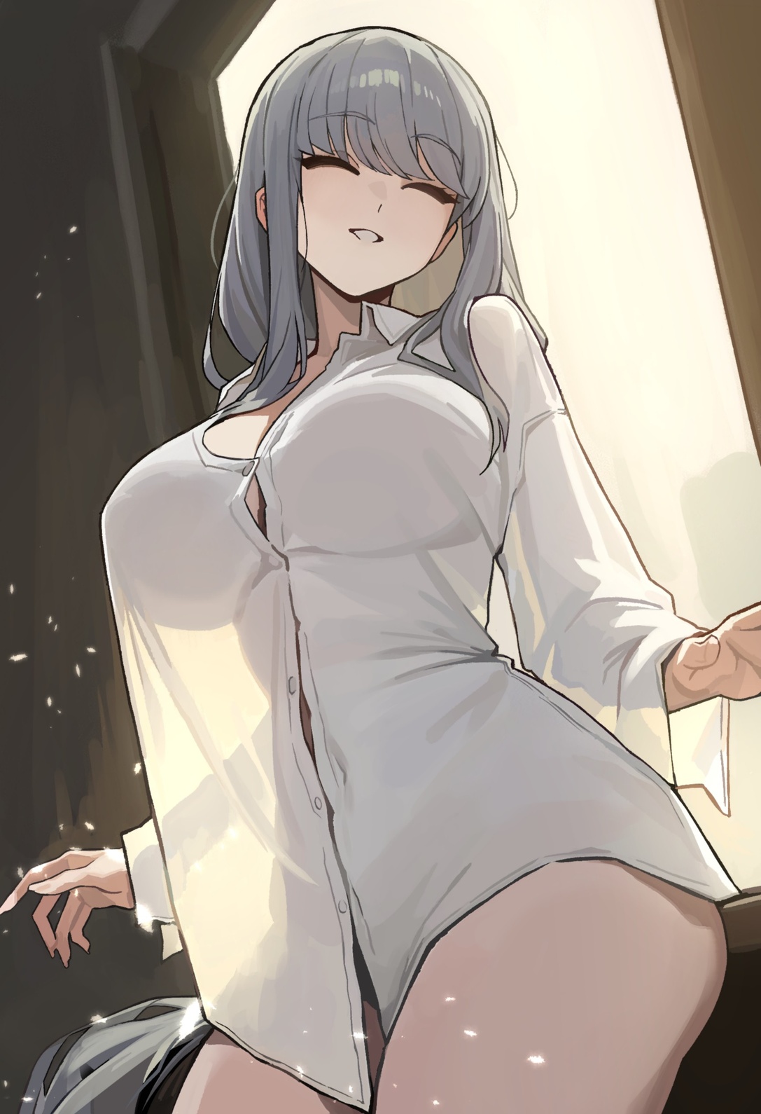 rusellunt, ofelia (gogalking), original, commentary, english commentary, highres, 1girl, black panties, blunt bangs, breasts, button gap, closed eyes, collared shirt, dress shirt, from below, grey hair, hair over shoulder, large breasts, leaning back, long hair, panties, parted lips, see-through clothes, see-through shirt, shirt, solo, underwear, white shirt, window