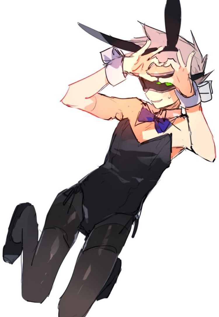 nana (ebitokanimiso), future tom (eddsworld), tom (eddsworld), eddsworld, third-party source, 1boy, alternate costume, animal ear hairband, animal ears, animification, black leotard, black pantyhose, black shoes, blue bow, blue bowtie, blush, bow, bowtie, brown hair, crossdressing, crossdressing (mtf), detached collar, fake animal ears, full body, hairband, head-mounted display, heart, heart hands, kneeling, lcd, leotard, male focus, male playboy bunny, pantyhose, playboy bunny, rabbit ear hairband, rabbit ears, shoes, short hair, simple background, sketch, solo, spiked hair, white background, wrist cuffs