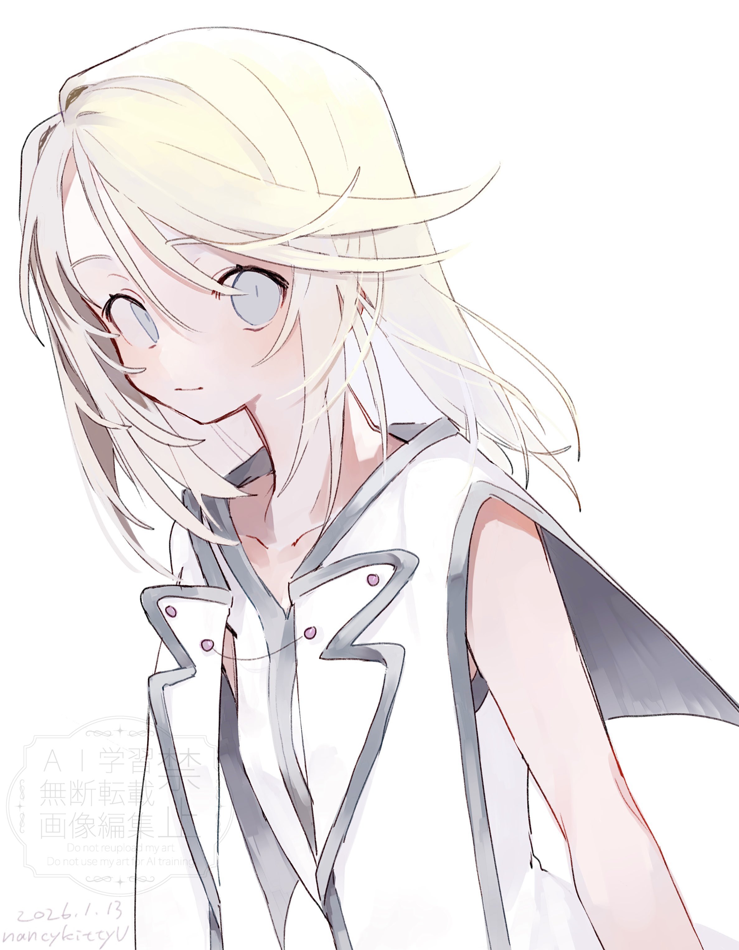 nancykittyu, mithos yggdrasill, tales of (series), tales of symphonia, absurdres, commentary request, highres, 1boy, artist name, blonde hair, blue eyes, dated, jacket, long hair, looking at another, male focus, shirt, simple background, sleeveless, smile, solo, white background