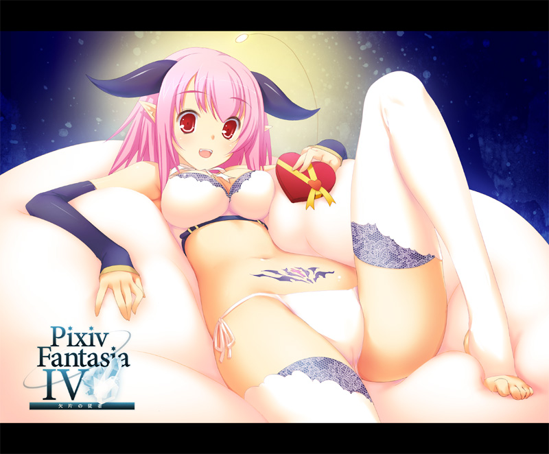 47agdragon, original, pixiv fantasia, pixiv fantasia 4, 1girl, barefoot, bra, cameltoe, detached sleeves, feet, female focus, heart, horns, panties, pink hair, pointy ears, red eyes, side-tie panties, solo, thighhighs, toeless legwear, toes, underwear, underwear only, white thighhighs