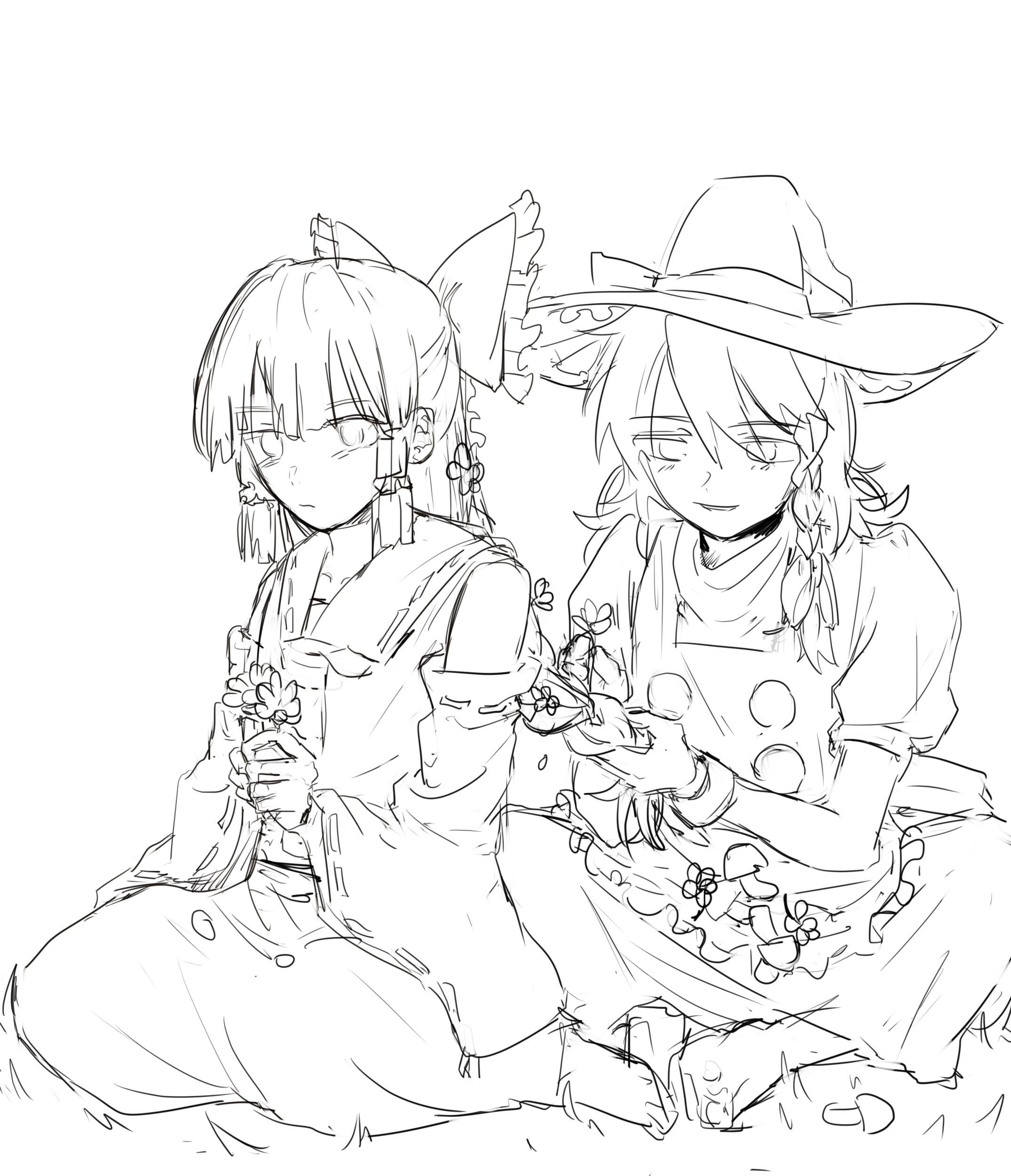 hakurei reimu, kirisame marisa, touhou, absurdres, chinese commentary, commentary request, highres, 2girls, apron, ascot, babaiwan fengchui, barefoot, bow, braid, braiding another's hair, braiding hair, closed mouth, detached sleeves, flower, frilled bow, frilled hair tubes, frills, greyscale, hair bow, hair flower, hair ornament, hair tubes, hairdressing, hat, hat bow, holding, holding flower, long hair, monochrome, multiple girls, puffy short sleeves, puffy sleeves, ribbon-trimmed sleeves, ribbon trim, short sleeves, side braid, single braid, sitting, sketch, skirt, smile, vest, witch hat