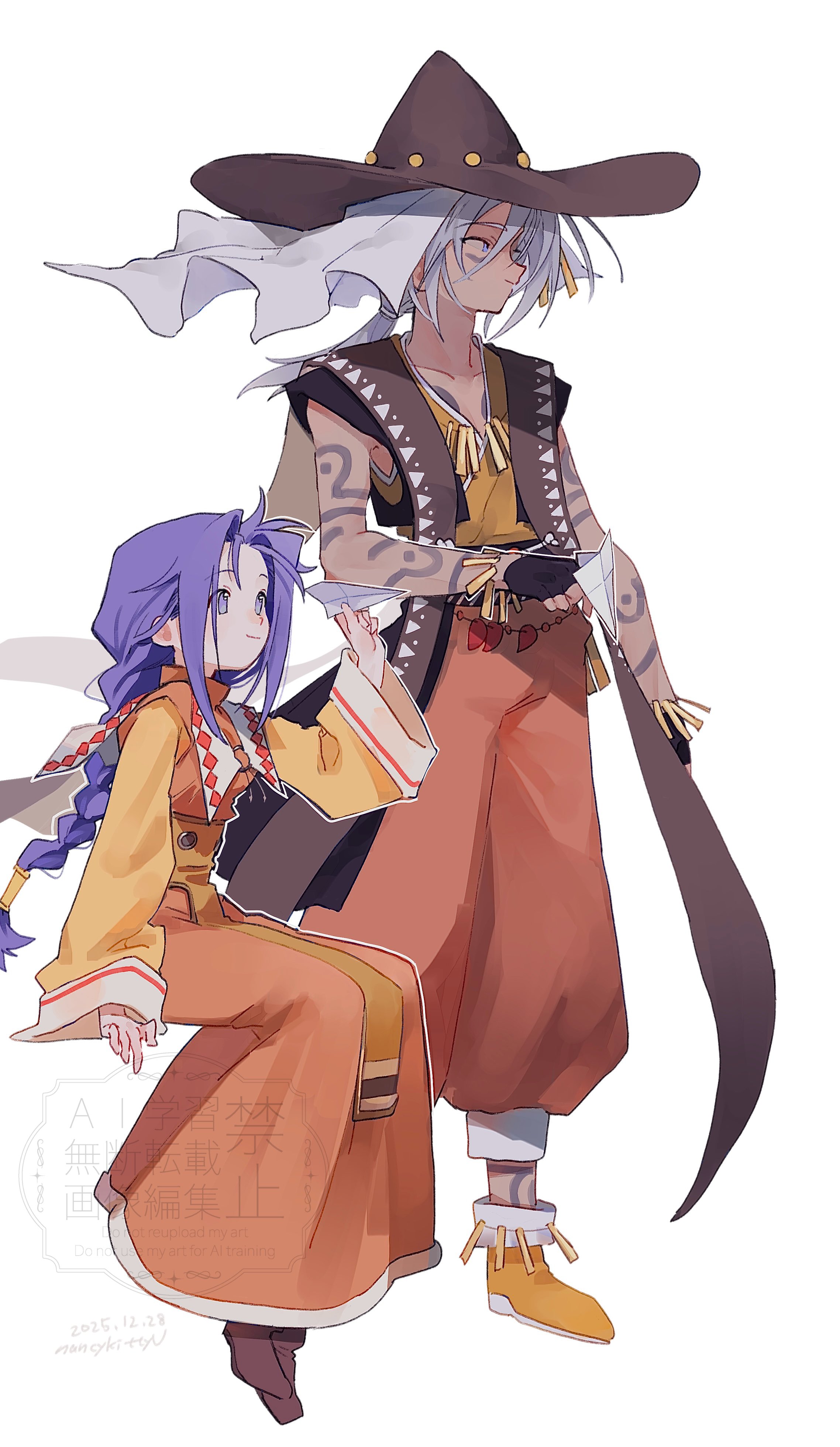 nancykittyu, claus f. lester, milard rune, tales of (series), tales of phantasia, absurdres, commentary request, highres, 1boy, 1girl, black gloves, blue eyes, blue hair, boots, bracelet, braid, brown boots, brown hat, closed mouth, dress, facial mark, fingerless gloves, full body, gloves, grey hair, hat, holding, holding paper airplane, invisible chair, jewelry, long hair, orange boots, pants, paper airplane, ponytail, red pants, simple background, sitting, smile, tattoo, vest, white background, white wrist cuffs, wide sleeves, wrist cuffs