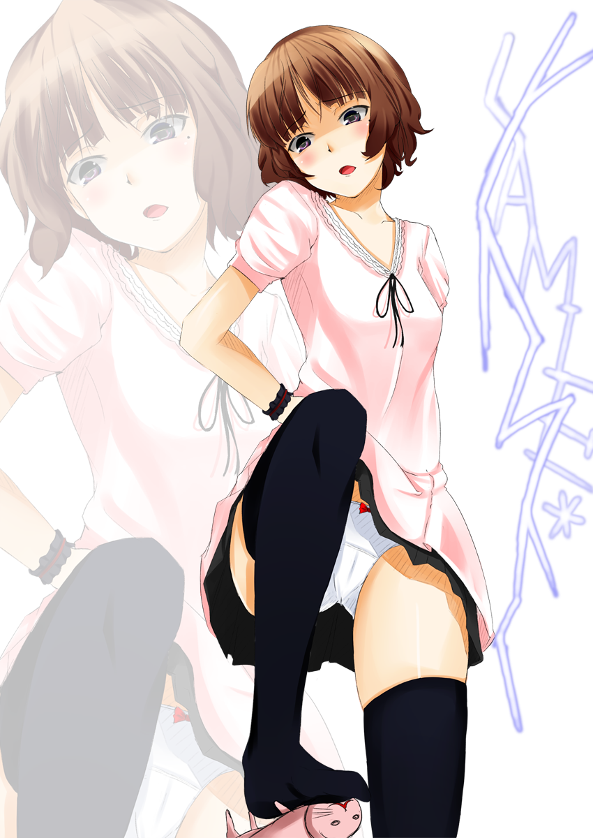 hazuki natena, bad id, bad pixiv id, highres, 1girl, brown eyes, brown hair, female focus, mole, mole under eye, molerat, panties, pantyshot, short hair, solo, thighhighs, underwear, upskirt, white panties, zoom layer