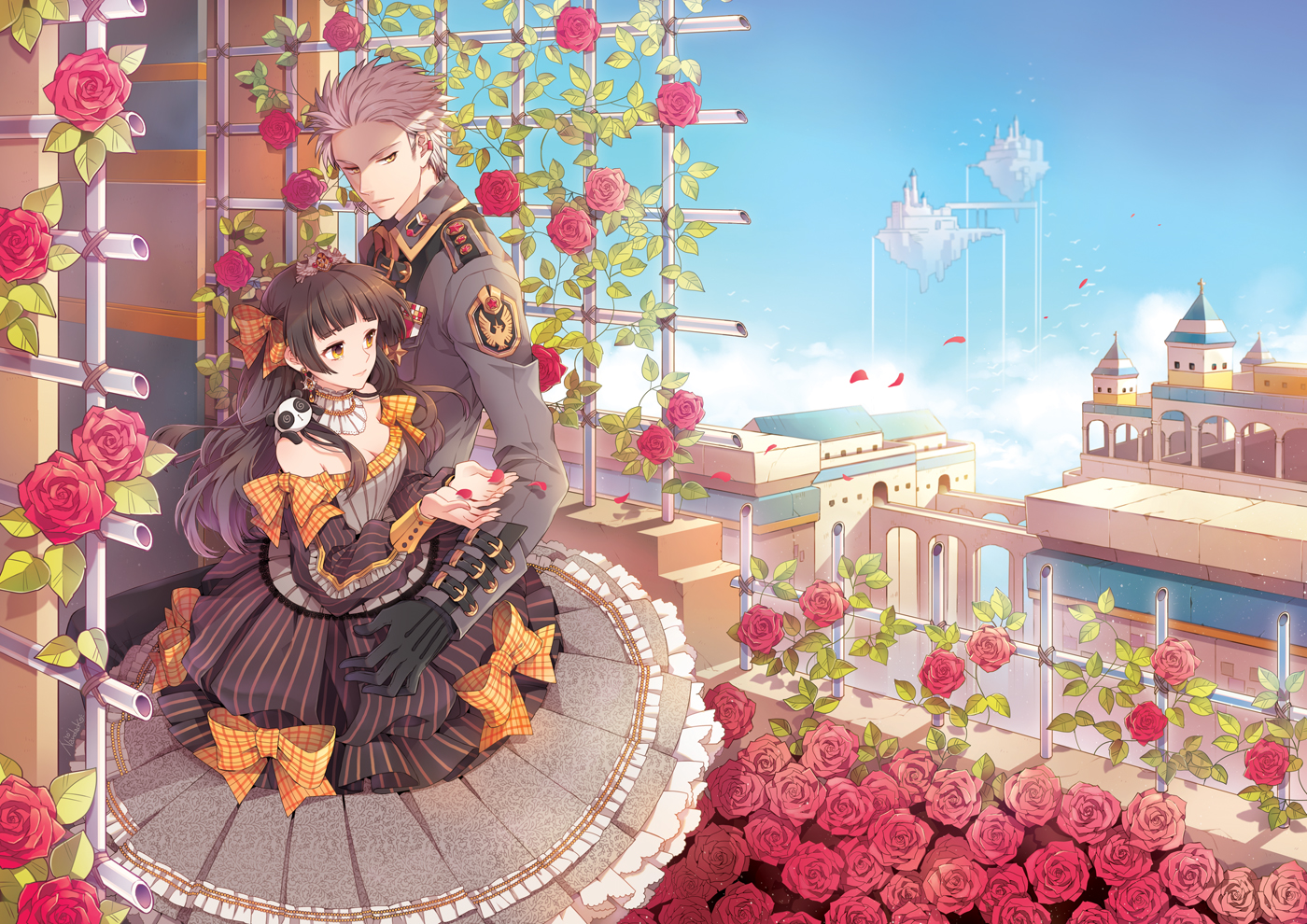 nardack, original, bad id, bad pixiv id, 1boy, 1girl, dress, flower, height difference, military, military uniform, panda, petals, rose
