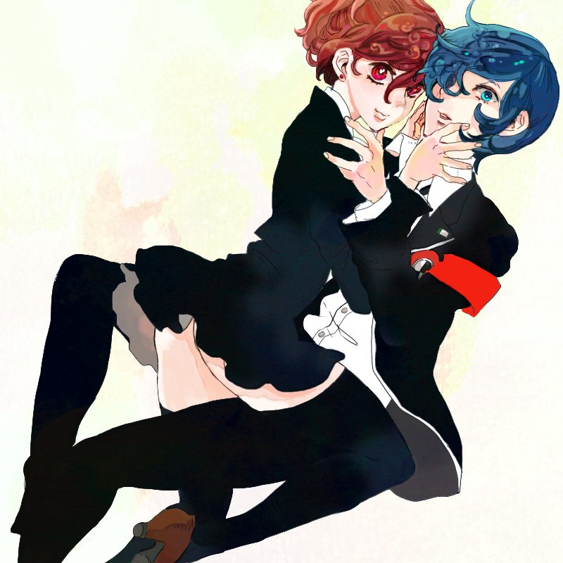maruhiko, shiomi kotone, yuuki makoto (persona 3), atlus, persona, persona 3, persona 3 portable, bad id, bad pixiv id, 1boy, 1girl, armband, blue eyes, blue hair, brown hair, couple, earrings, hair over one eye, hetero, high heels, jewelry, ponytail, red eyes, school uniform, shoes, short hair, skirt, thighhighs, zettai ryouiki