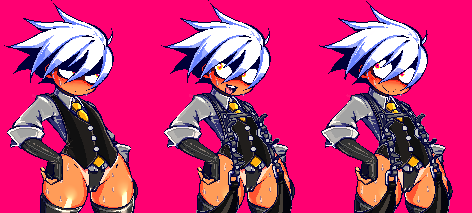 dokata (hamanan doboku kougyou), original, commentary request, 1girl, :d, black chaps, cameltoe, chaps, flat chest, hands on own hips, multiple persona, necktie, open mouth, pink background, sanpaku, short hair, simple background, smile, strap, tan, tanline, vest, white hair