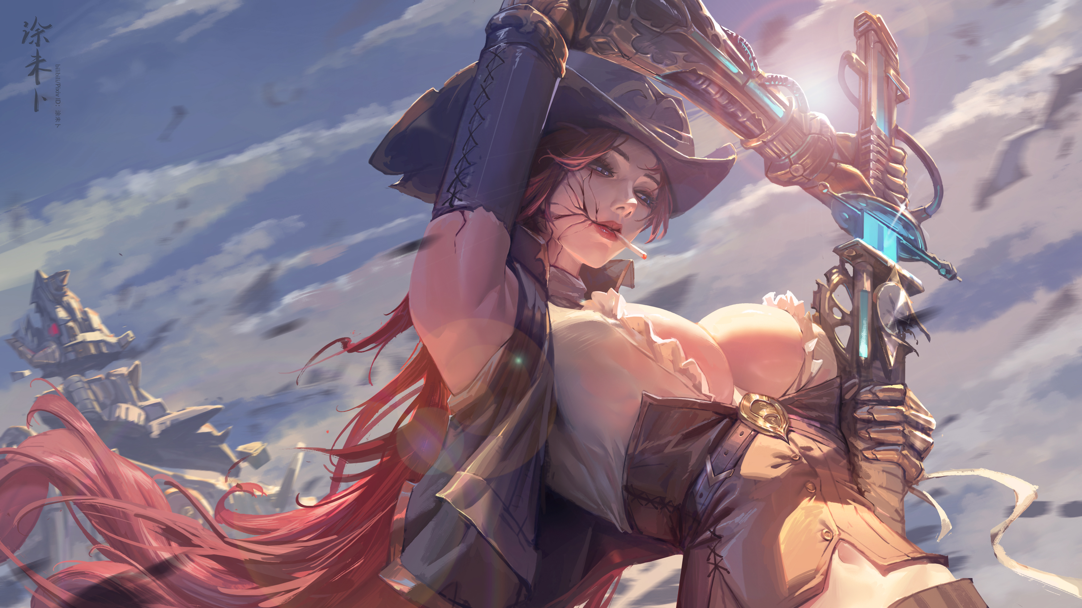 tuweibu, original, absurdres, commentary request, highres, 1girl, bodice, breasts, cigarette, cloud, cloudy sky, cowboy hat, cropped jacket, hat, holding, holding sword, holding weapon, large breasts, lips, long hair, mechanical arms, red hair, sheathed cut, sheathing, sky, smoking, solo, sword, weapon