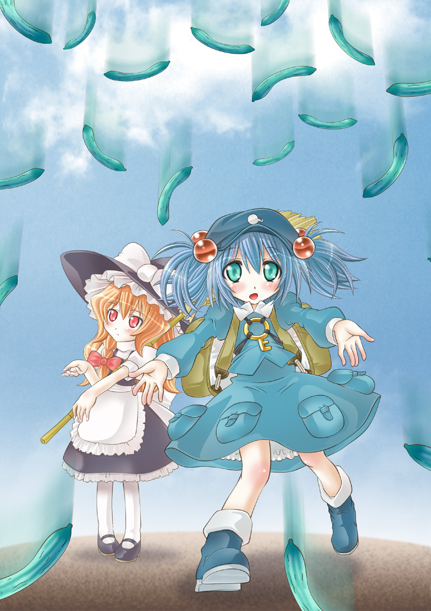 zummy, kawashiro nitori, kirisame marisa, touhou, bad id, bad pixiv id, 2girls, blonde hair, braid, broom, cucumber, female focus, green eyes, hair bobbles, hair ornament, hat, multiple girls, red eyes, ribbon, two side up, witch hat