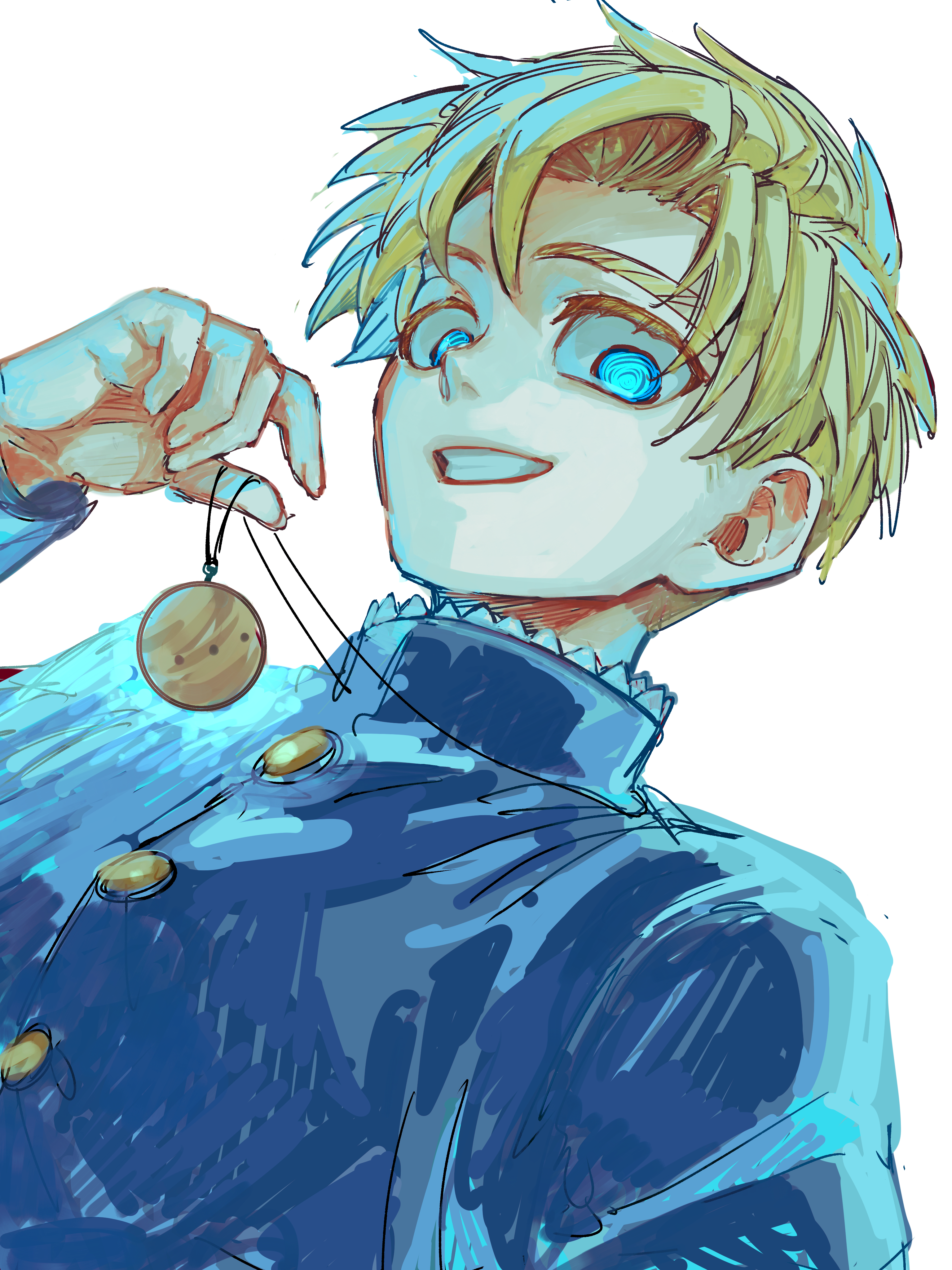 rafal (chi.), chi.: chikyuu no undou ni tsuite, absurdres, commentary request, highres, 1boy, blonde hair, blue eyes, blue jacket, buttons, grin, jacket, jewelry, looking at viewer, male focus, necklace, planet necklace, short hair, simple background, smile, solo, tendou teto, white background