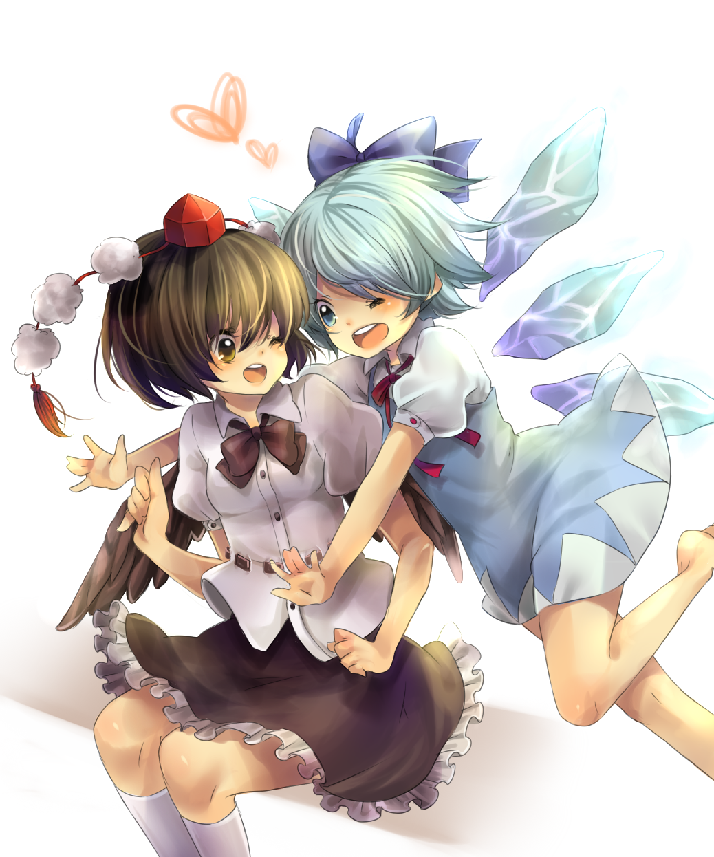 rojiko, cirno, shameimaru aya, touhou, highres, 2girls, barefoot, black wings, blue eyes, blue hair, bow, brown hair, glomp, hair bow, hat, hug, multiple girls, short hair, tokin hat, wings, wink
