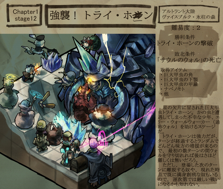 gregorius yamada, original, pixiv fantasia, pixiv fantasia 4, gender request, androgynous, animal ears, battle, claws, crystal, electricity, hood, horns, isometric, laser, magic, magic circle, monster, pectorals, polearm, spear, staff, treasure chest, wand, weapon