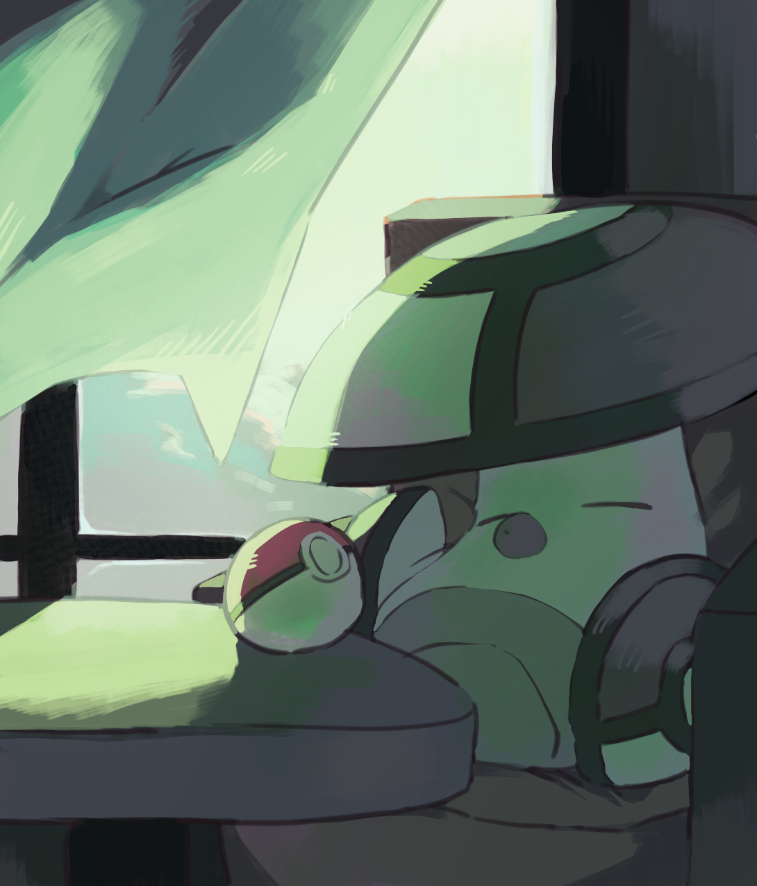 73sitimi, amoonguss, nintendo, pokemon, commentary request, highres, closed eyes, curtains, gen 5 pokemon, indoors, no humans, poke ball, poke ball (basic), pokemon (creature), pokemon focus, sleeping, solo, table