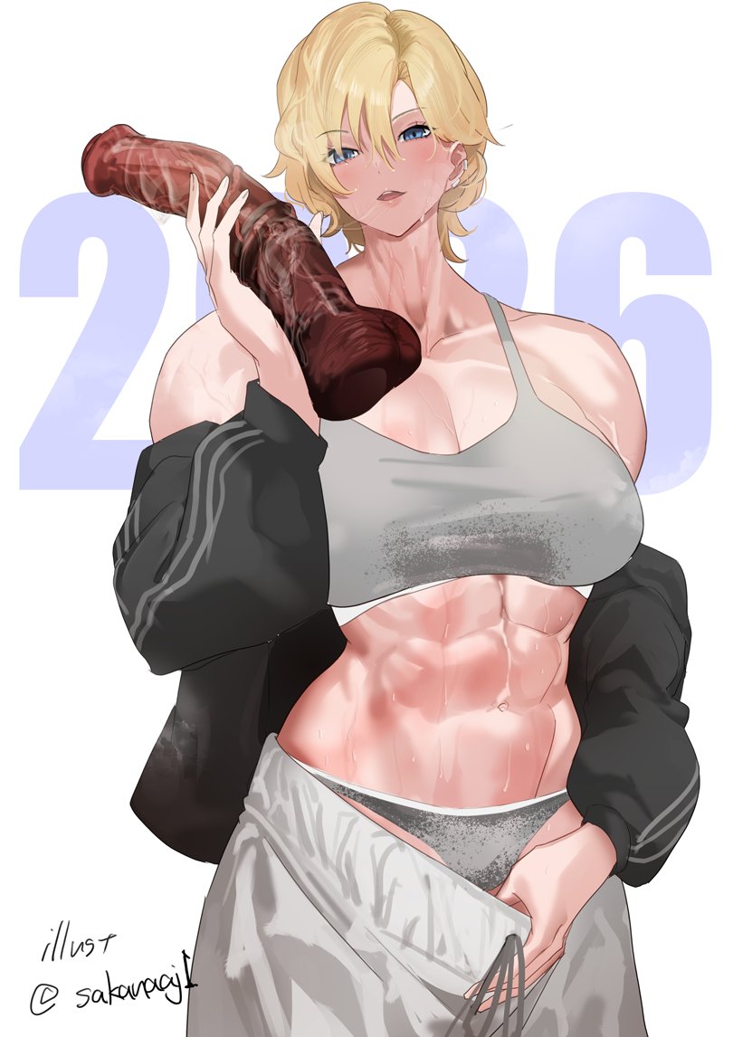 aji (sakanaaj1), original, commentary request, 1girl, abs, bare shoulders, blue eyes, blush, breasts, cleavage, collarbone, dildo, hair between eyes, holding, holding sex toy, horse dildo, huge dildo, large breasts, looking at viewer, muscular, muscular female, navel, open mouth, sex toy, solo, sports bra, sweat, thighs, toned, white background